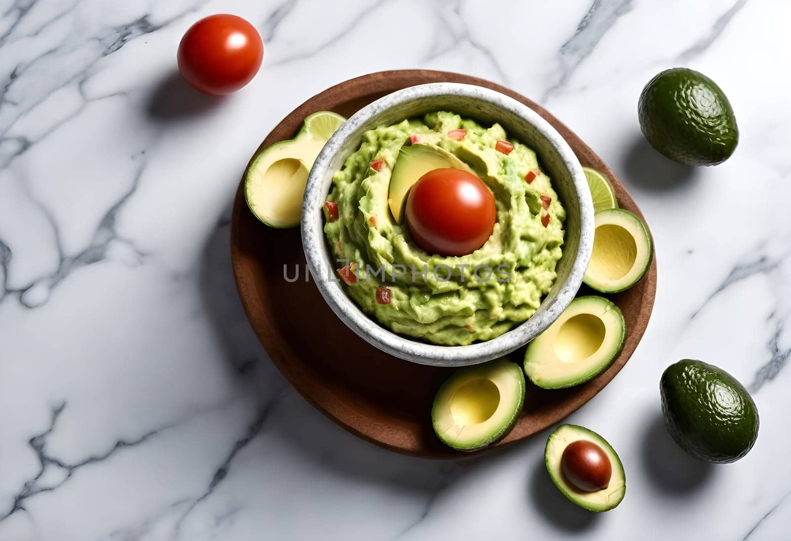AI generated of a bowl of guacamole with avocado and tomatoes on it, traditional mexican food
