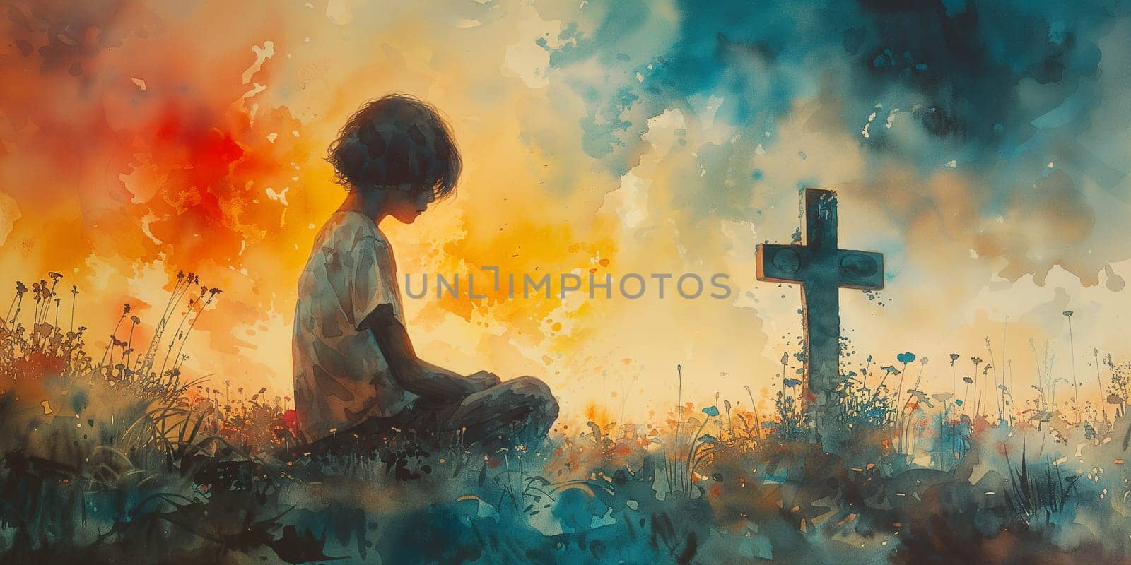 Child praying, religious cross, christian church, belief and faith concept, catholic and protestant community, religion of Jesus Christ