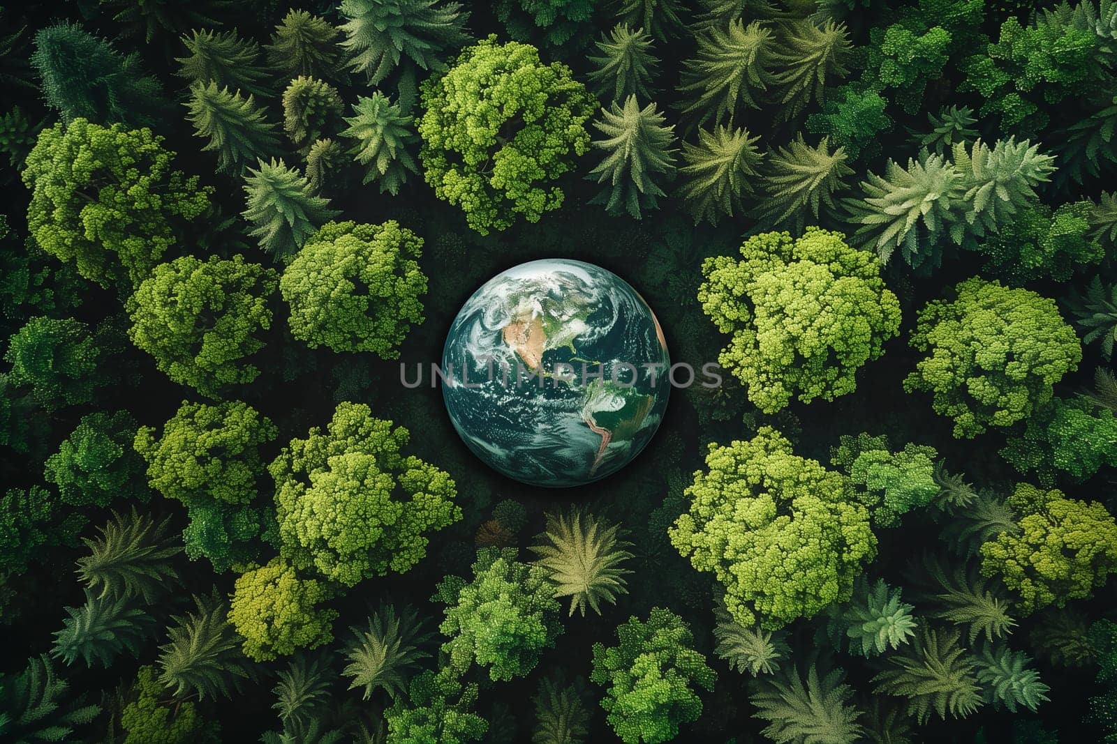 Forest, planet earth with trees, climate change, global warming, sustainable lifestyle, ecology and environment