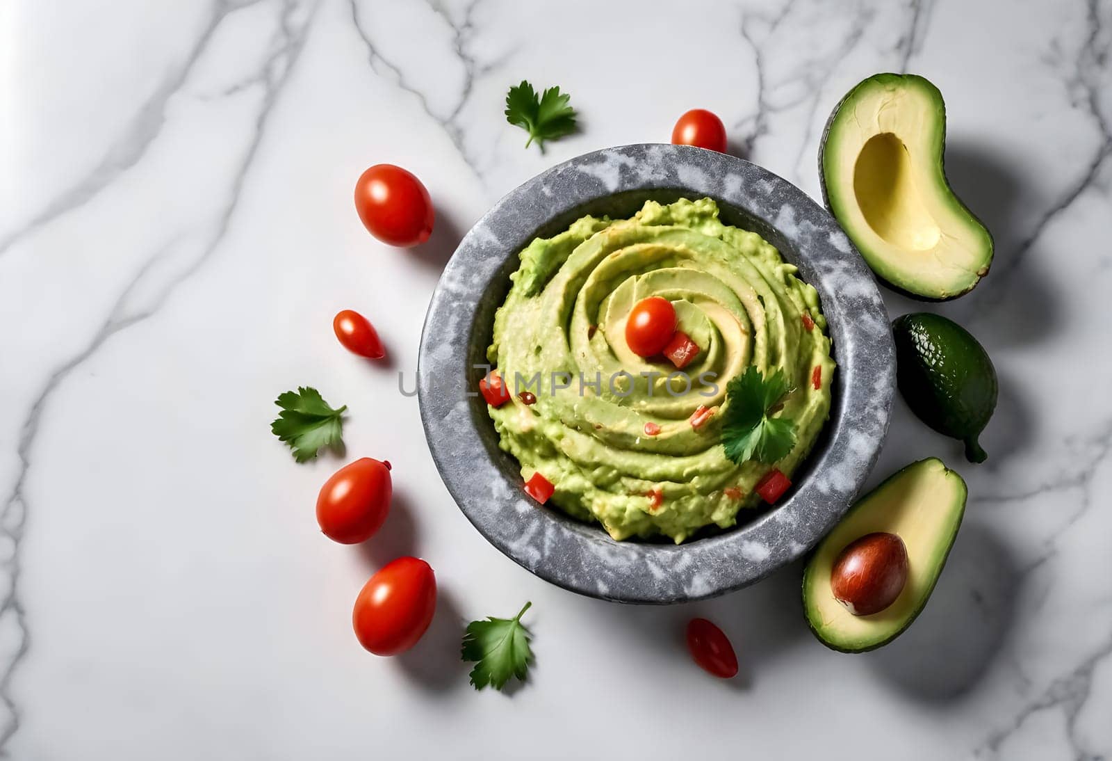 AI generated of a bowl of guacamole with avocado and tomatoes on it, traditional mexican food