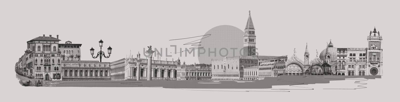 Contemporary artwork. Creative design in retro style. Beautiful buildings in Venice. Vintage town. Concept of creativity, surrealism, imagination, futuristic landscape. Poster
