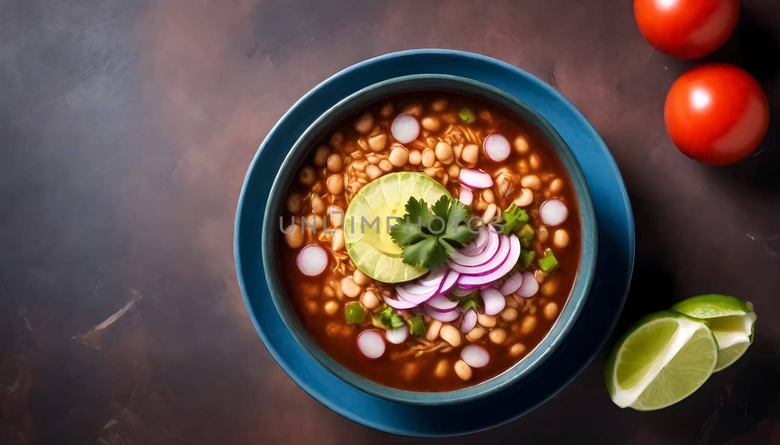 AI generated of a bowls of pozole soup with vegetables and avocado