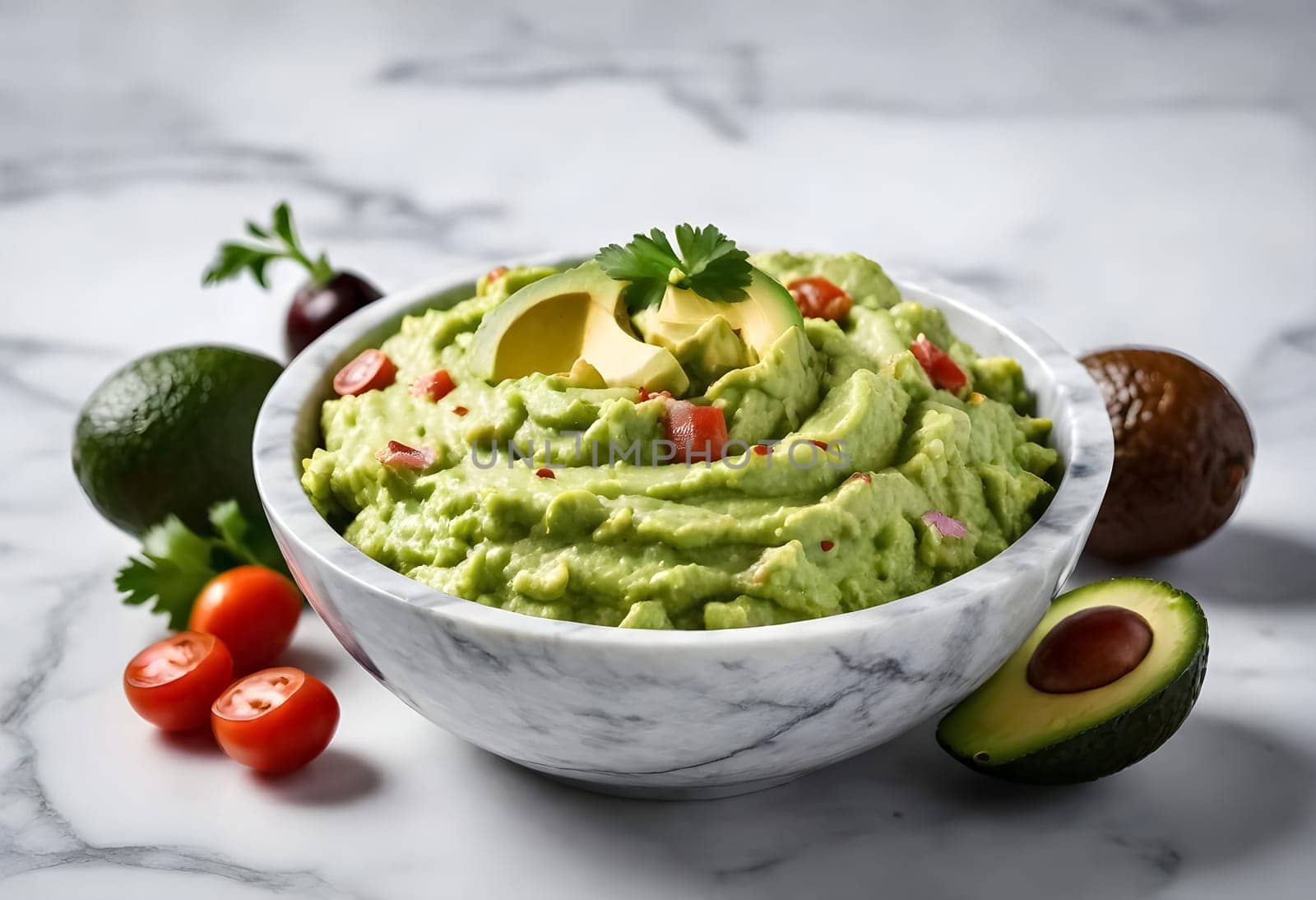 AI generated of a bowl of guacamole with avocado and tomatoes on it, traditional mexican food
