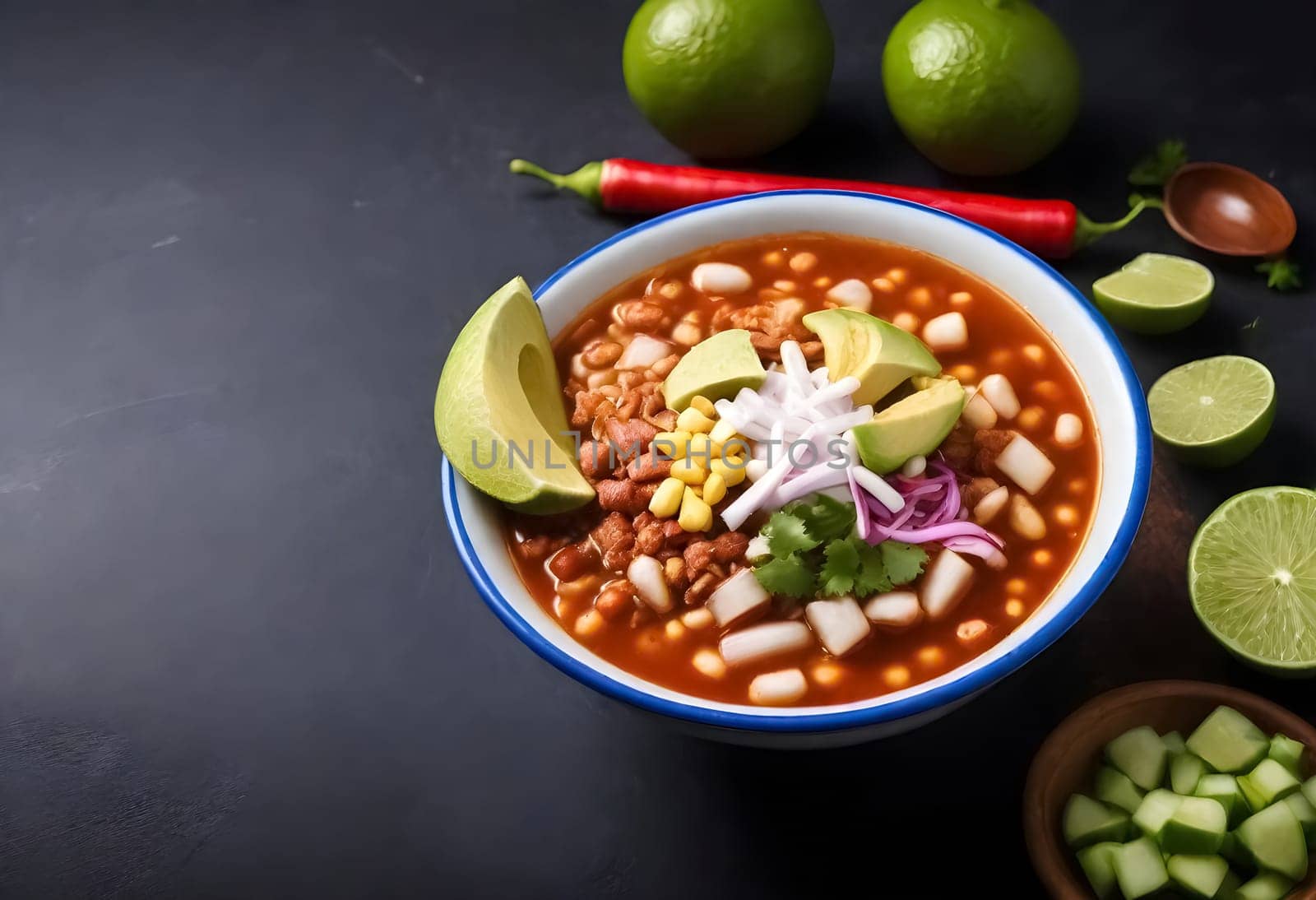 AI generated of a bowls of pozole soup with vegetables and avocado