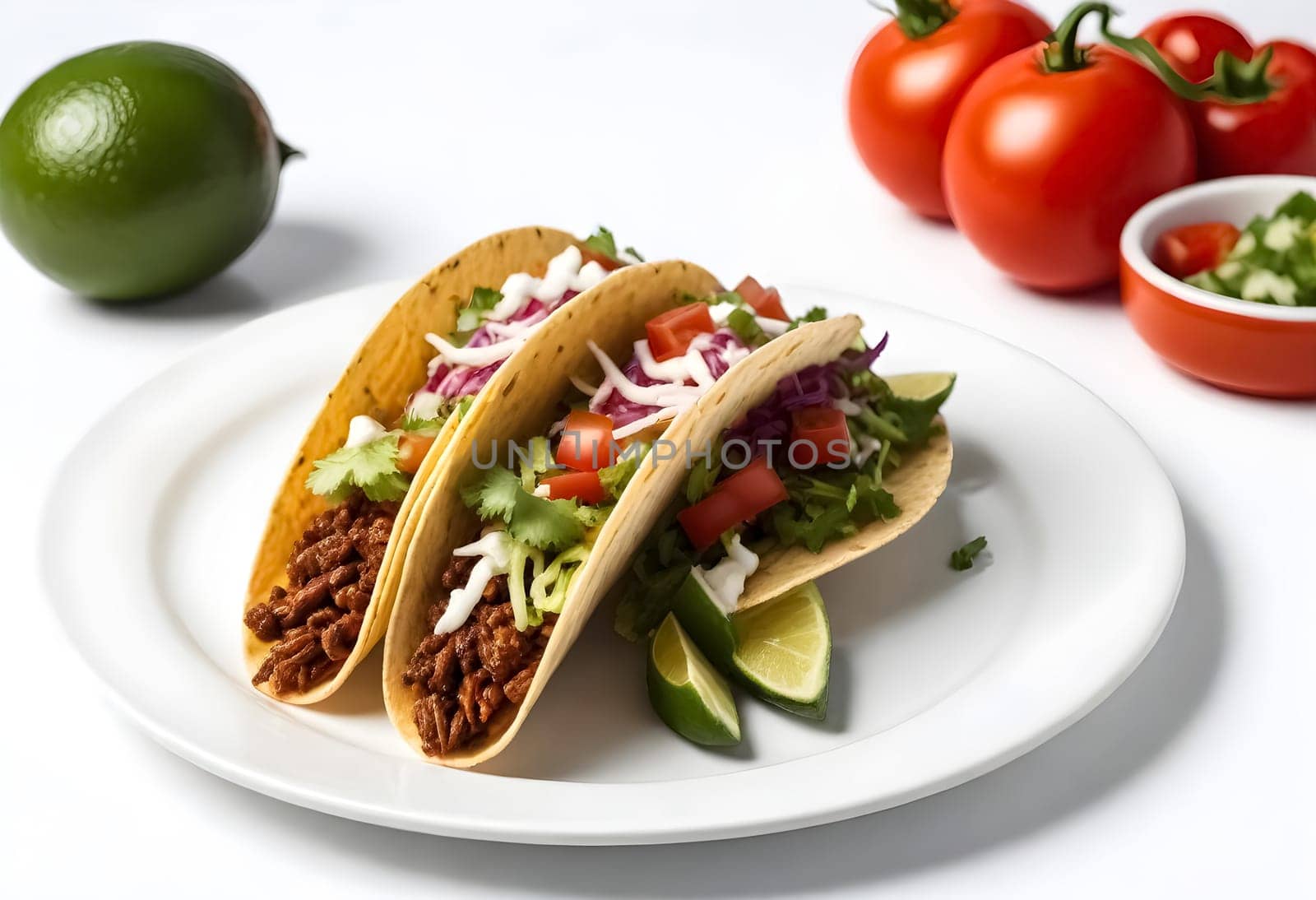 AI generated of tacos on a plate with white background