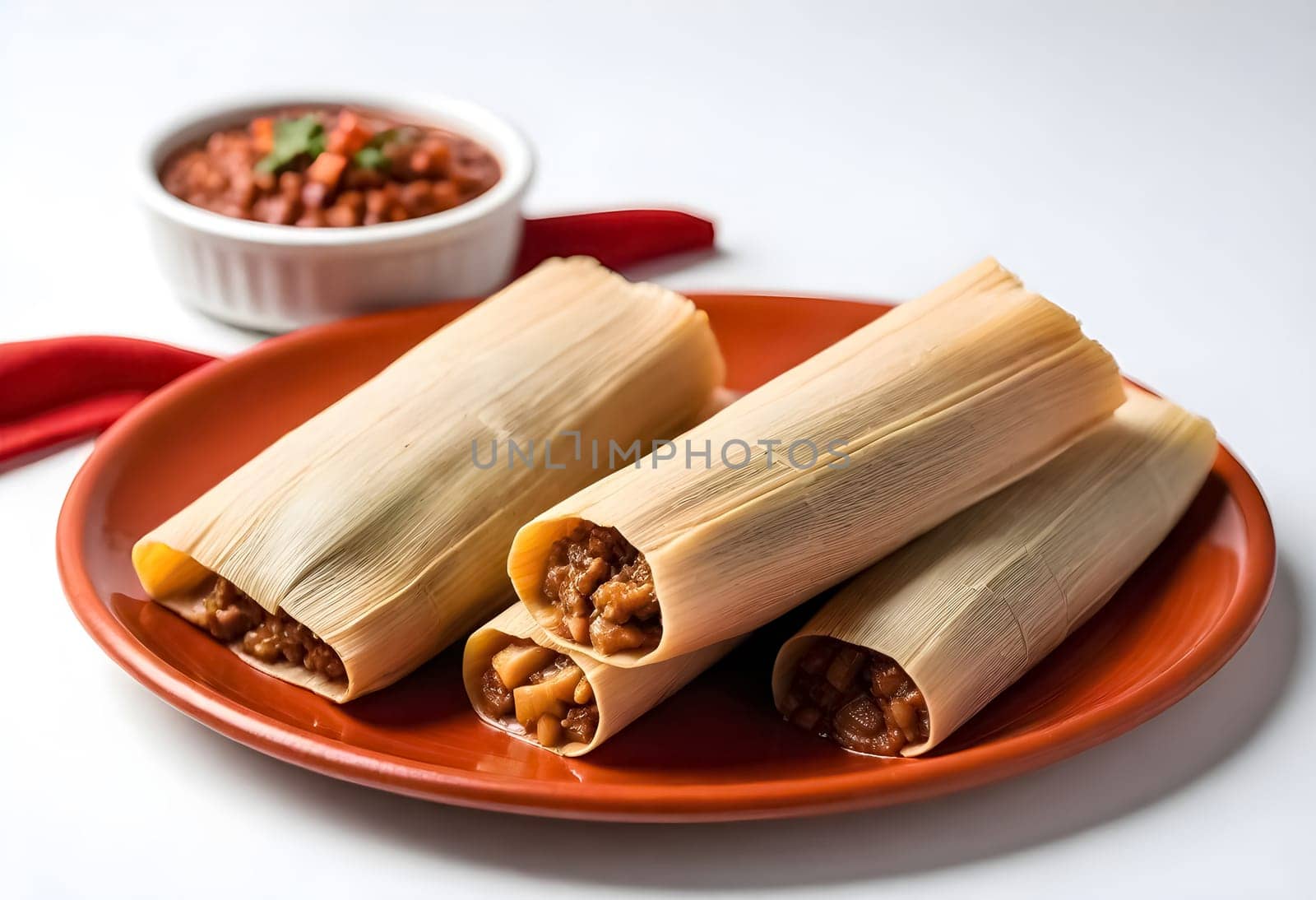 AI generated of a plate of tamales, a traditional mexican food on white background
