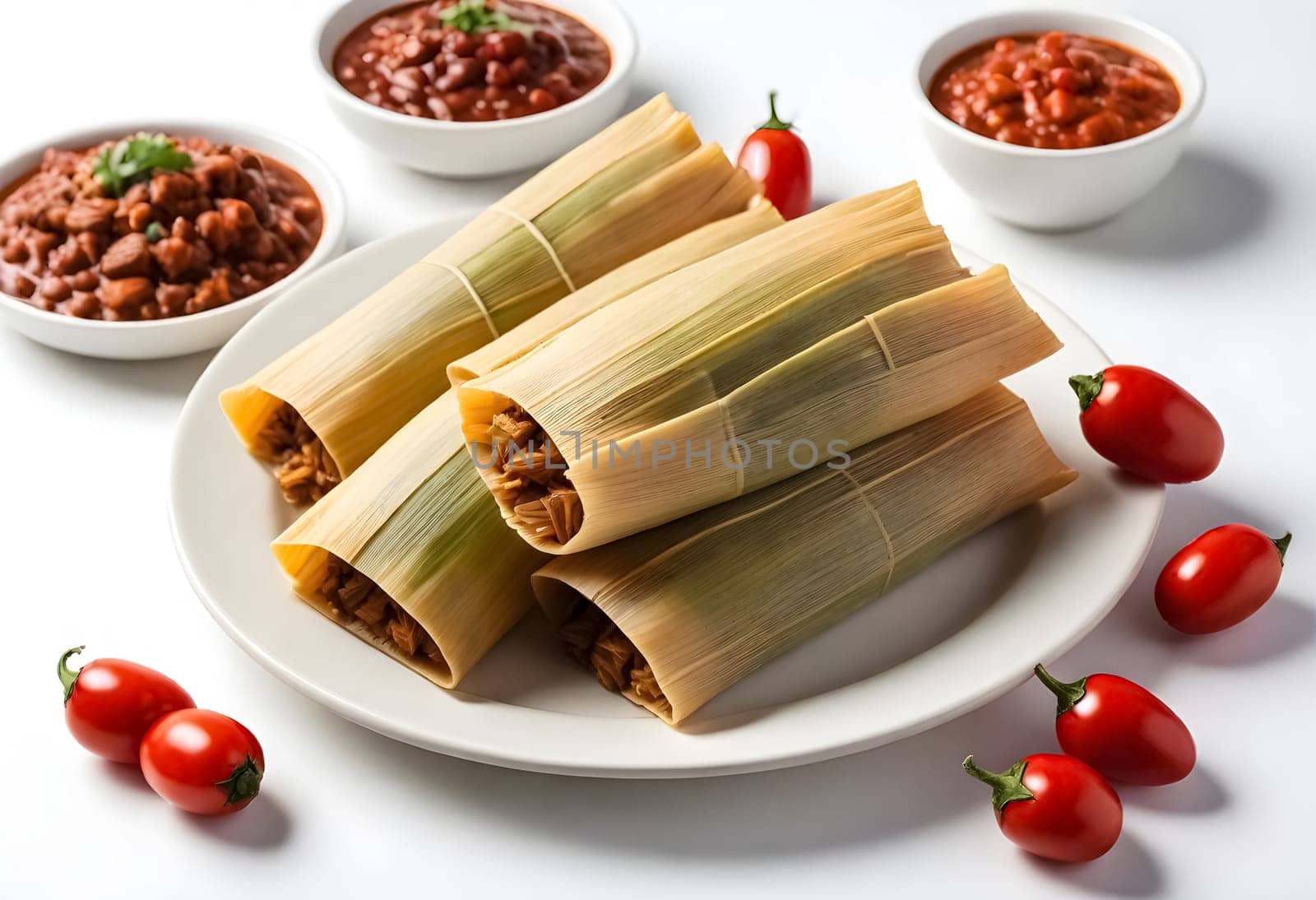 AI generated of a plate of tamales, a traditional mexican food on white background