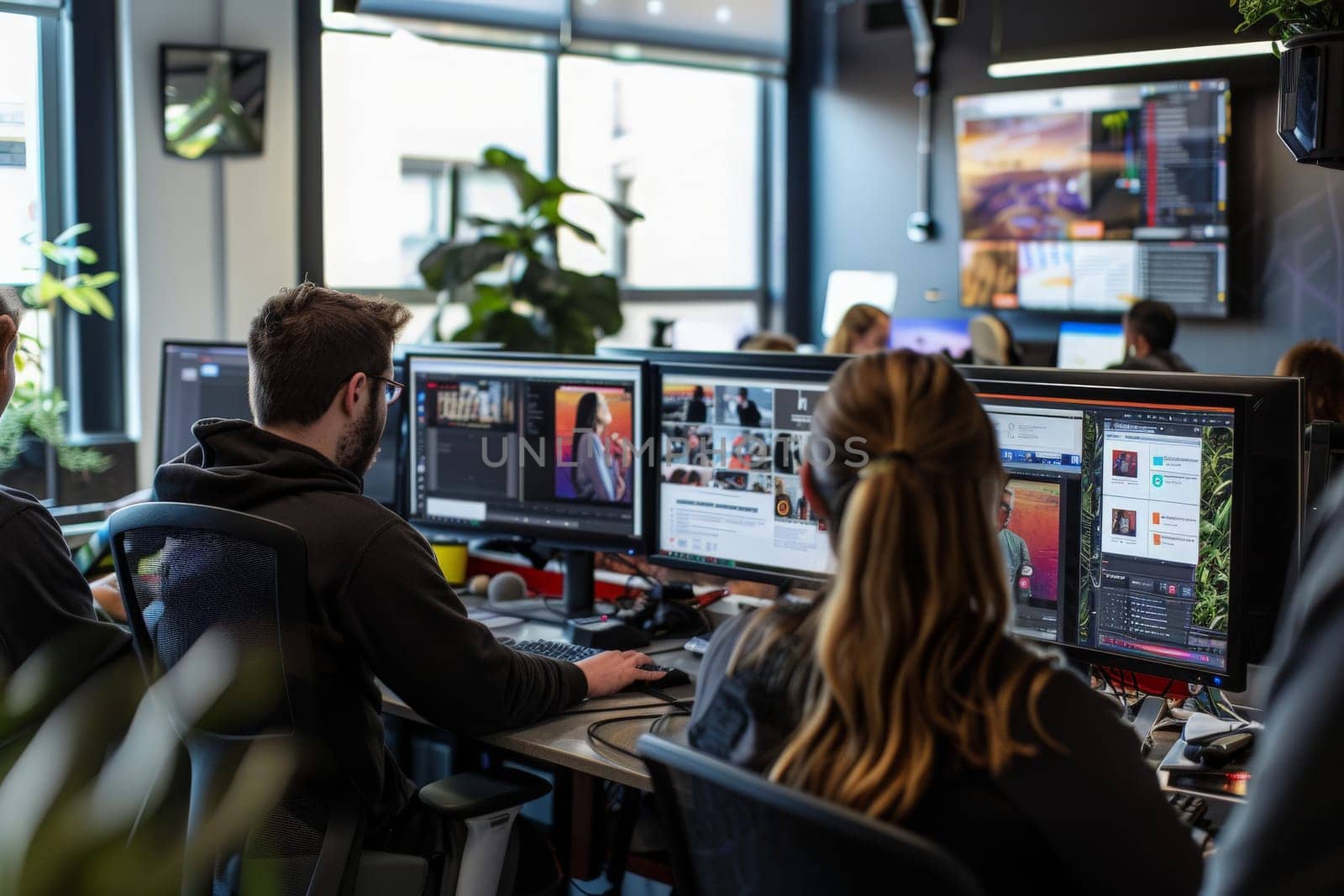 A diverse group of people sitting together, focused on their computer monitors in a vibrant and energetic workspace.