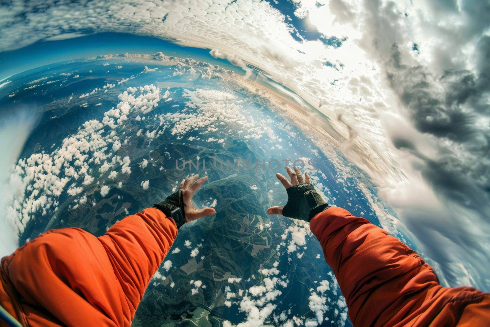 Arms outstretched, a skydiver soars above a quilt-like terrain with cumulus clouds adorning the horizon.