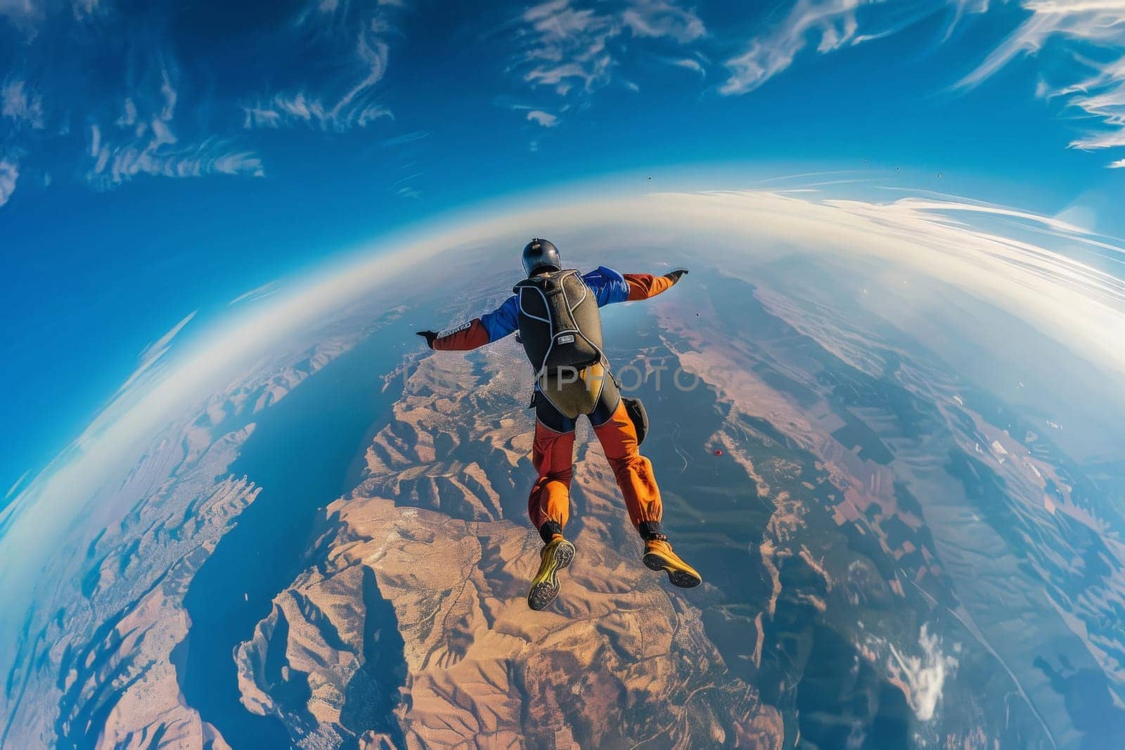 Witness a man flying through the air with grace and ease, his parachute billowing behind him as he navigates the open skies.