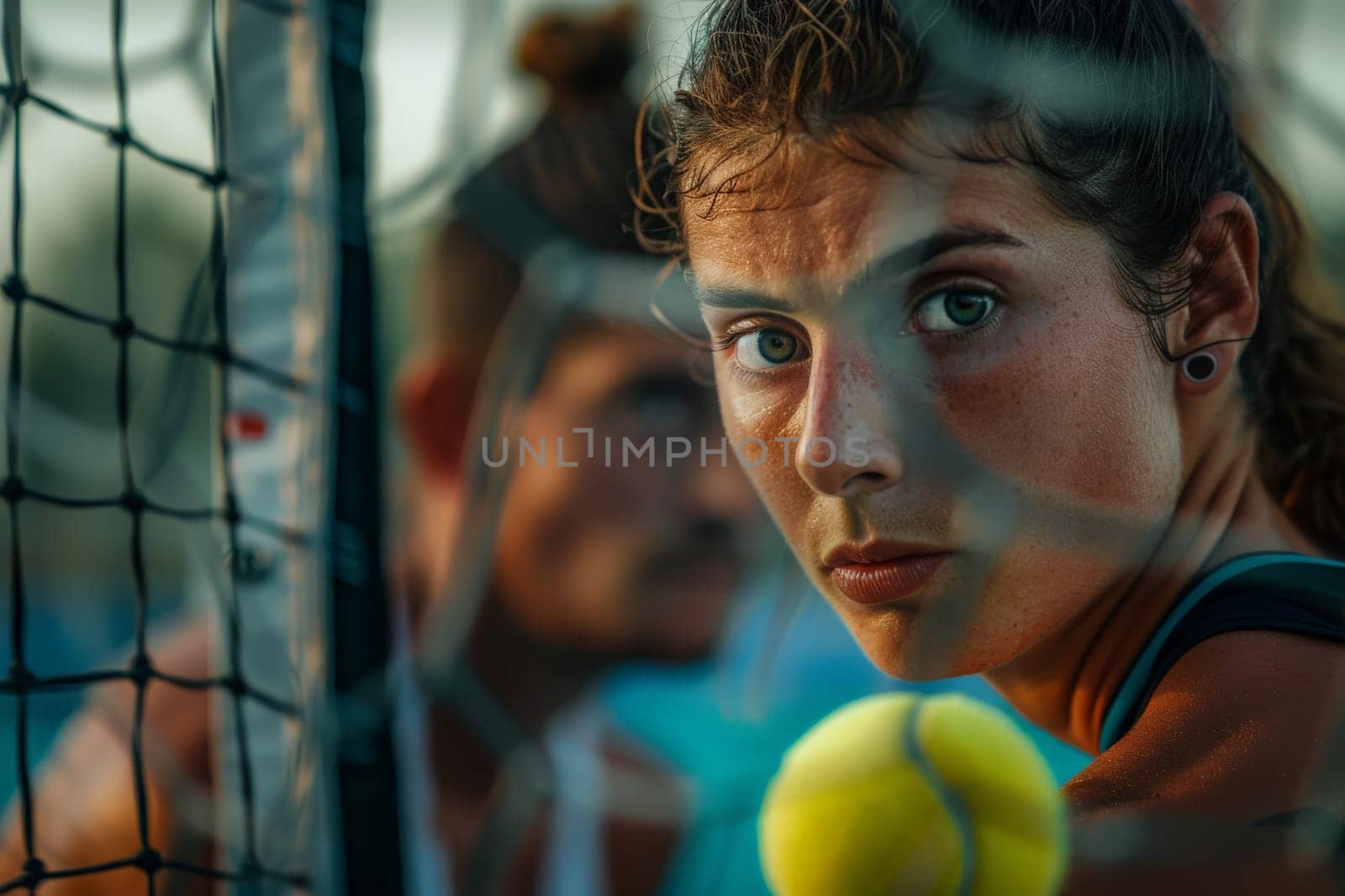A woman confidently holds a tennis racquet while standing on a tennis court, exuding a strong and powerful presence.