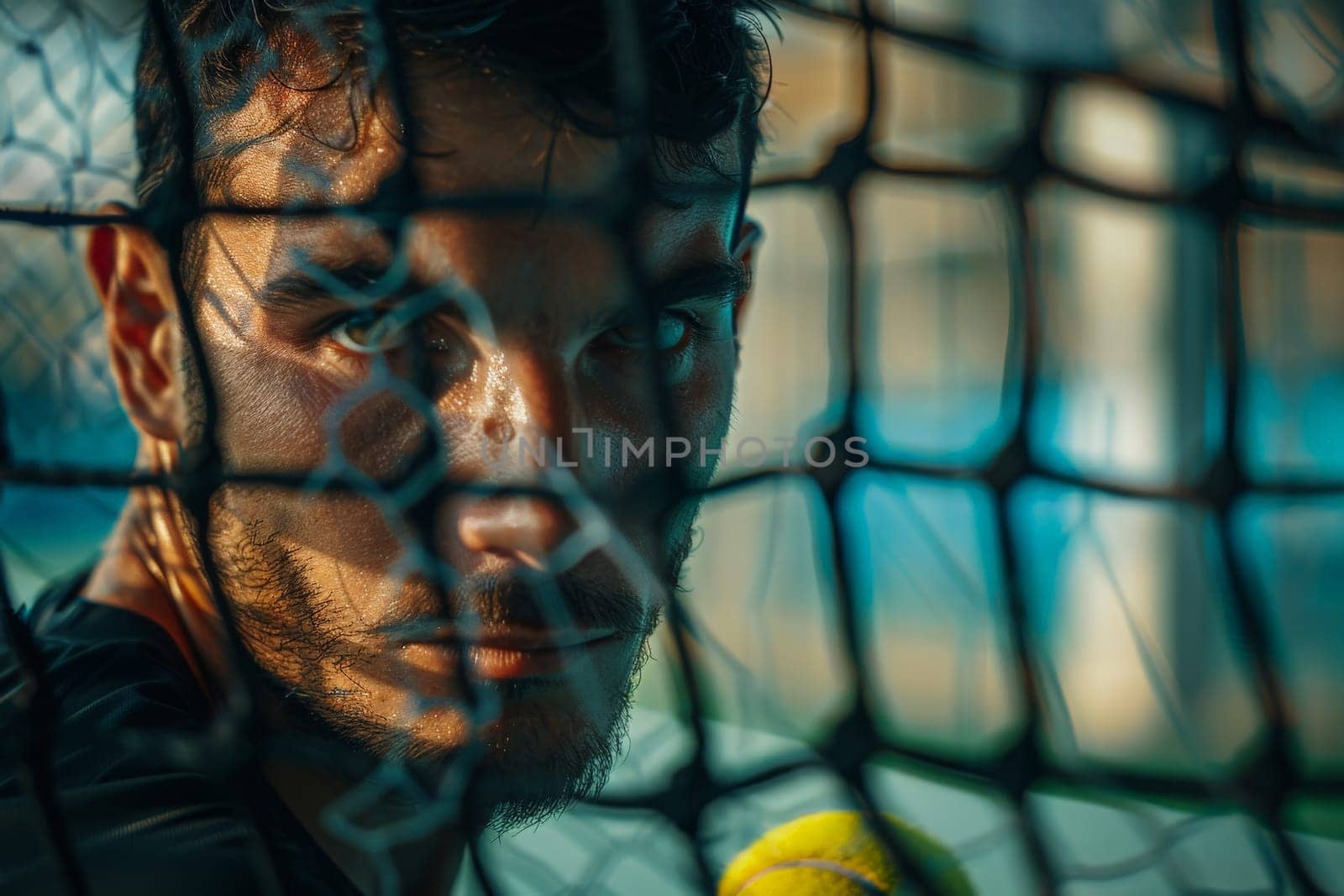A man confidently holds a tennis ball behind a net, preparing to serve in a game of tennis.