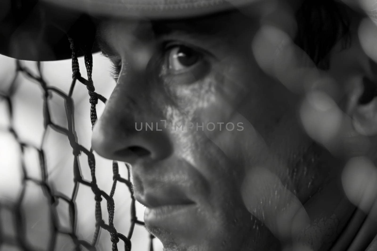 A gritty black and white portrayal of a baseball player in action on the field, showcasing power and determination.