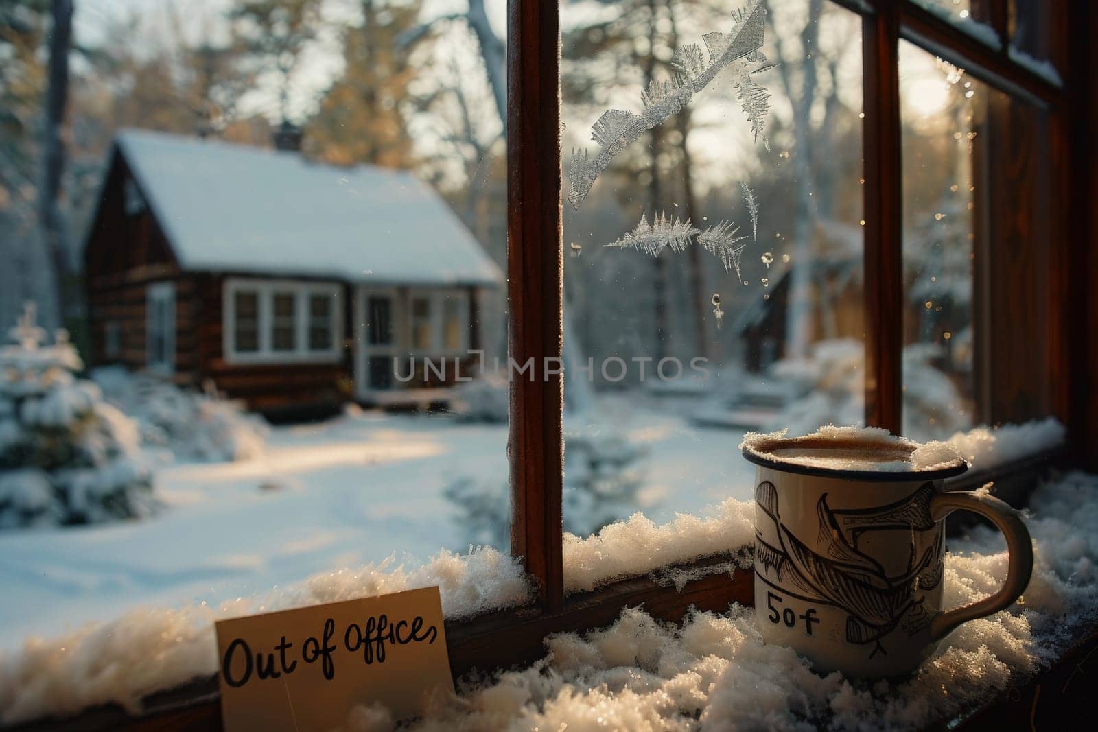 A frosted window frames a tranquil cabin in snow, while a steaming cup of coffee sits beside an Out of Office sign.