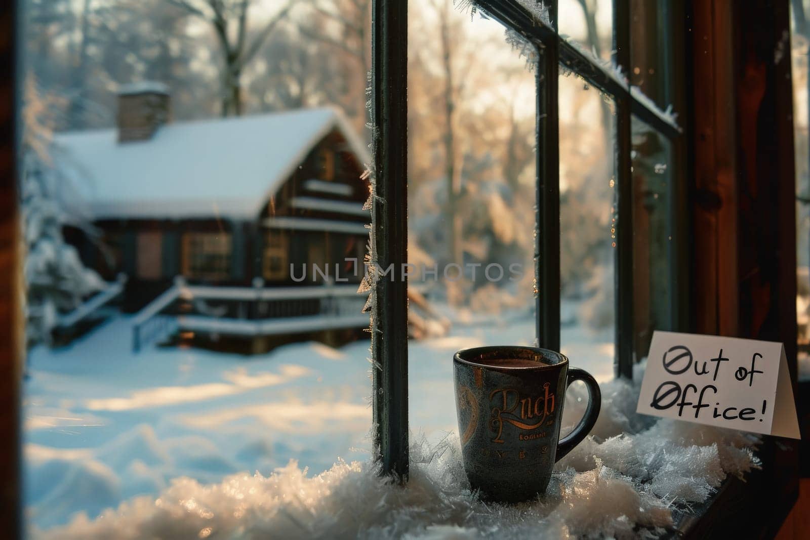 A steaming cup of coffee sits atop a rustic window sill overlooking a snowy cabin scene on a frosty morning.