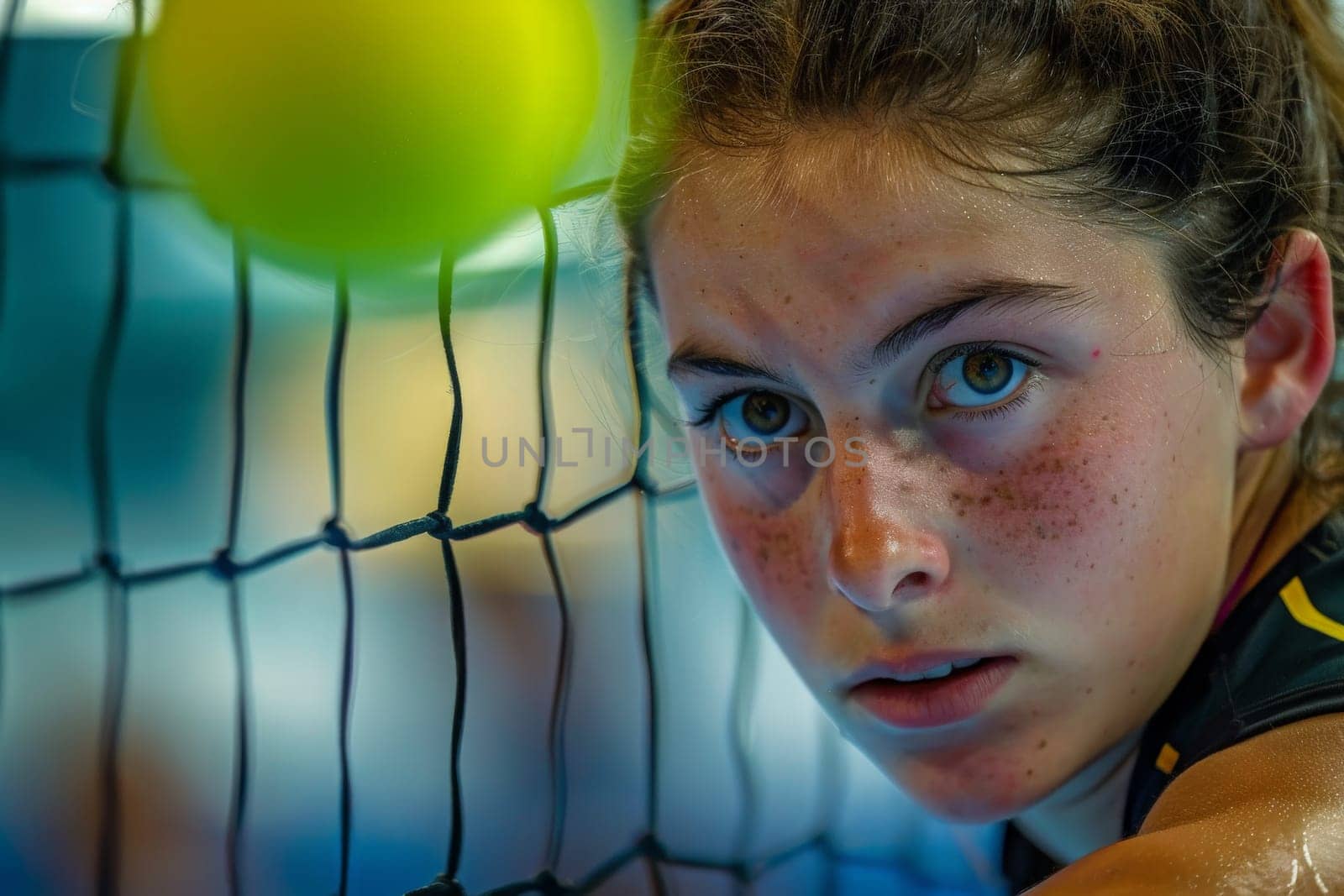 A vibrant scene of a young woman exuding energy while holding a tennis racquet on top of a tennis court.