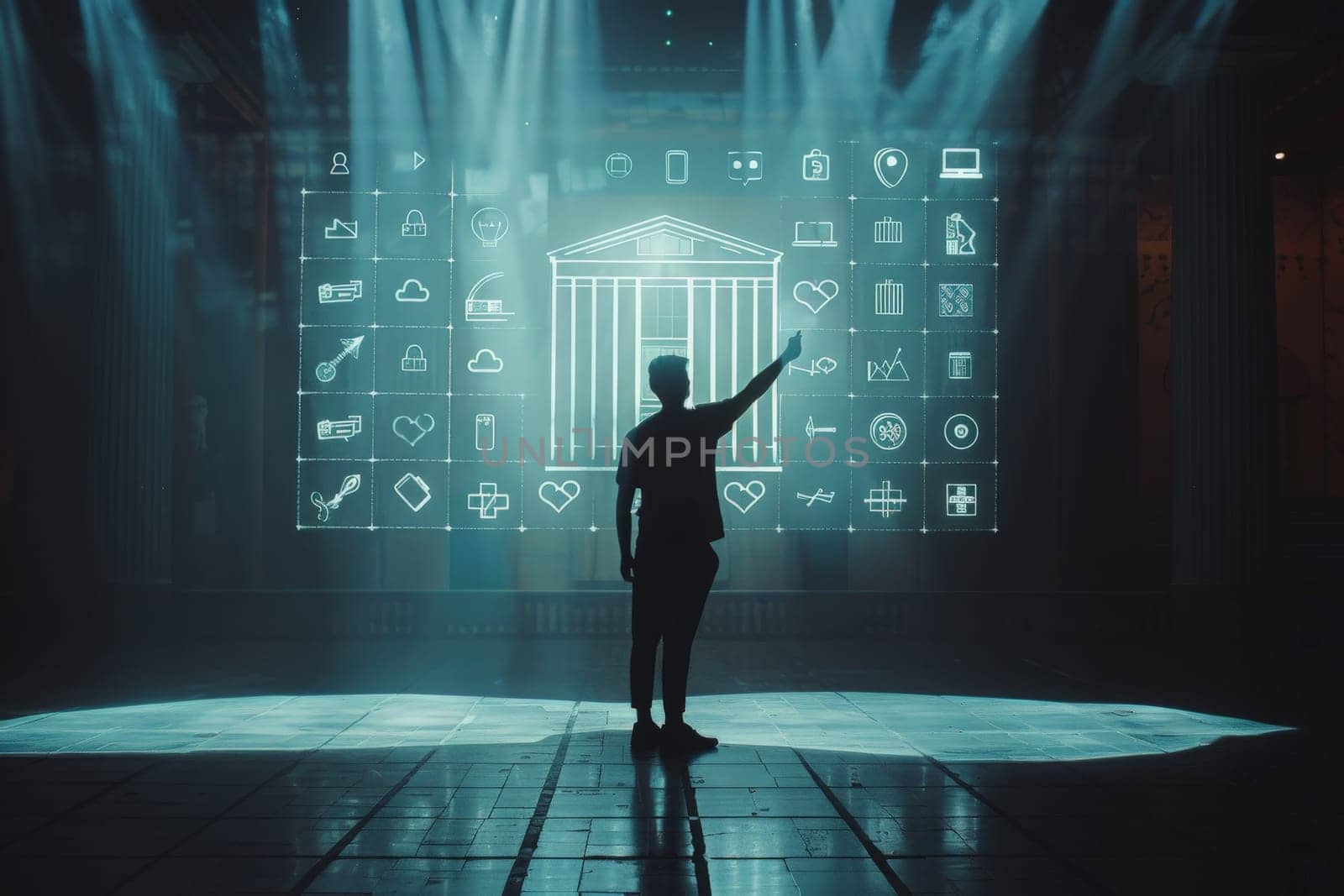 A community leader stands on stage, hand raised in power and conviction, in a dimly lit room filled with expectant faces.