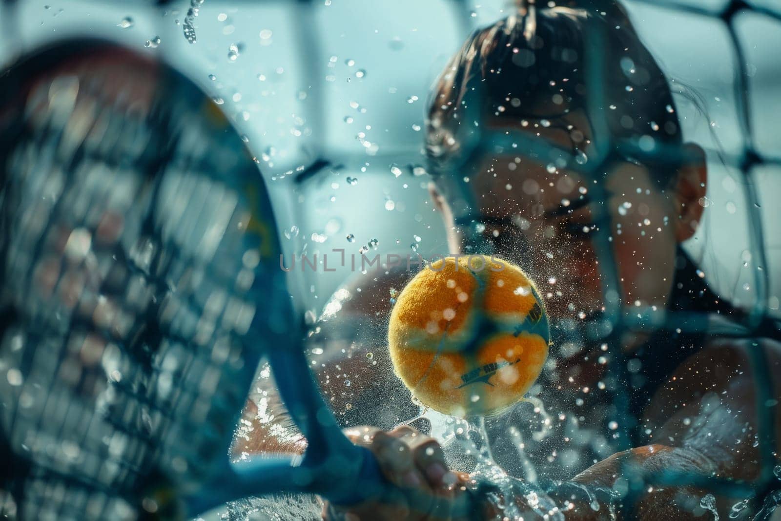 A woman confidently holds a tennis racquet in front of a net on a tennis court, ready for a competitive match.