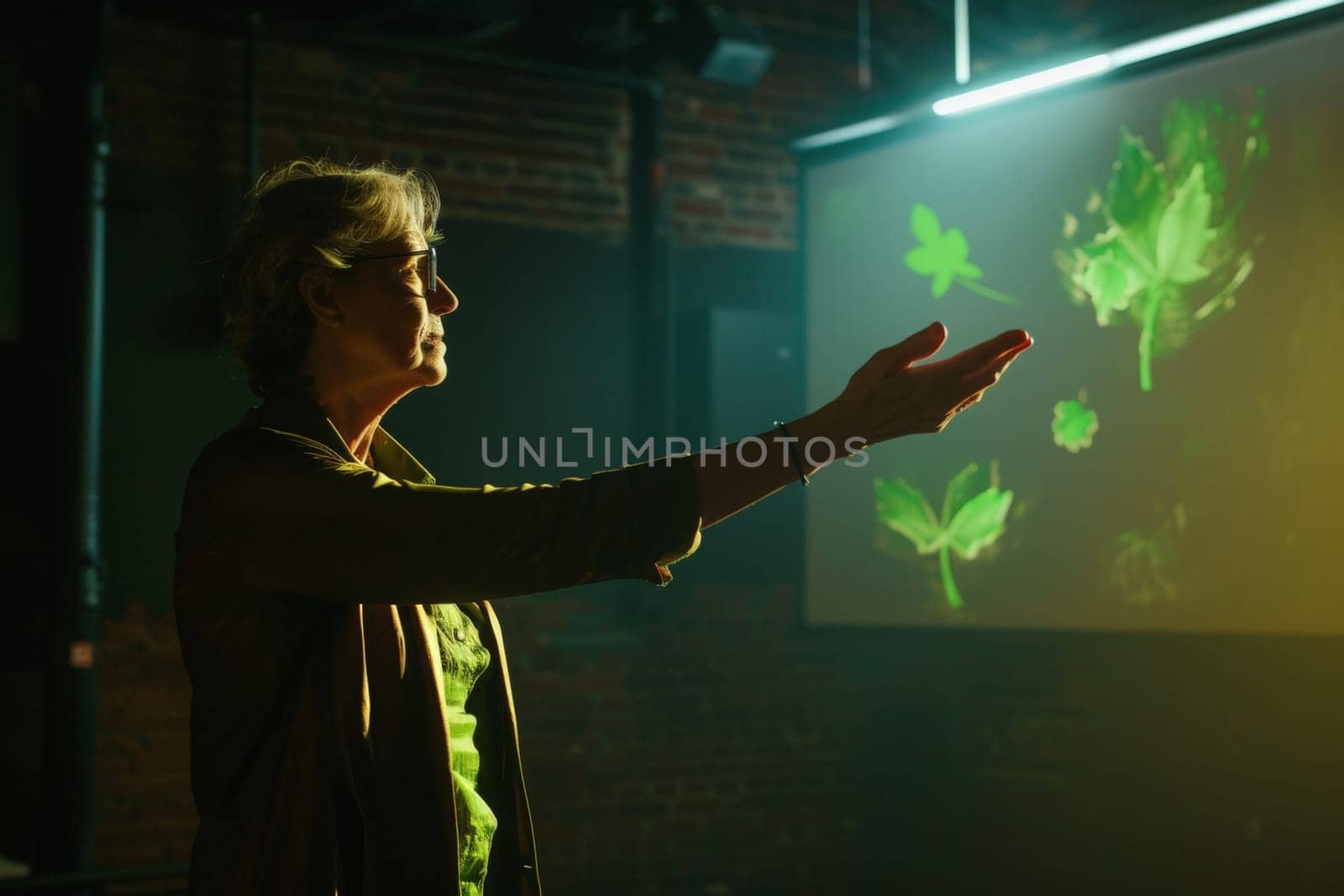 A community leader stands confidently in front of a glowing projection screen, immersed in thought and inspiration.
