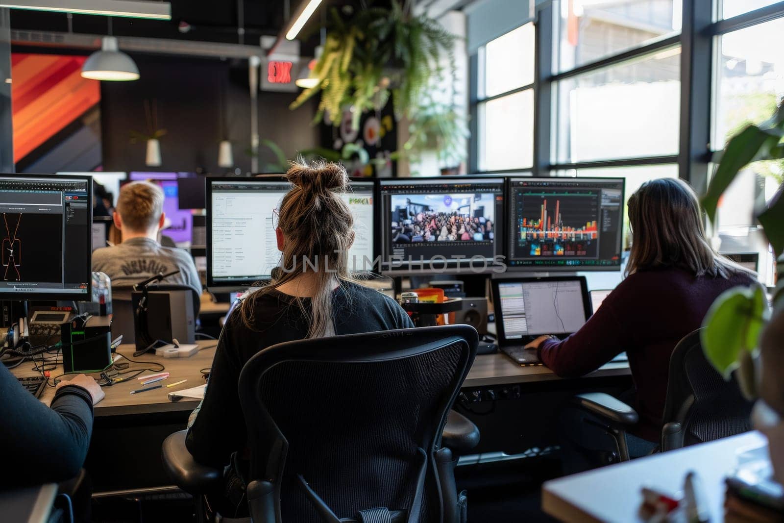 A dynamic team focuses on crafting innovative campaigns in a tech-driven office ambiance.