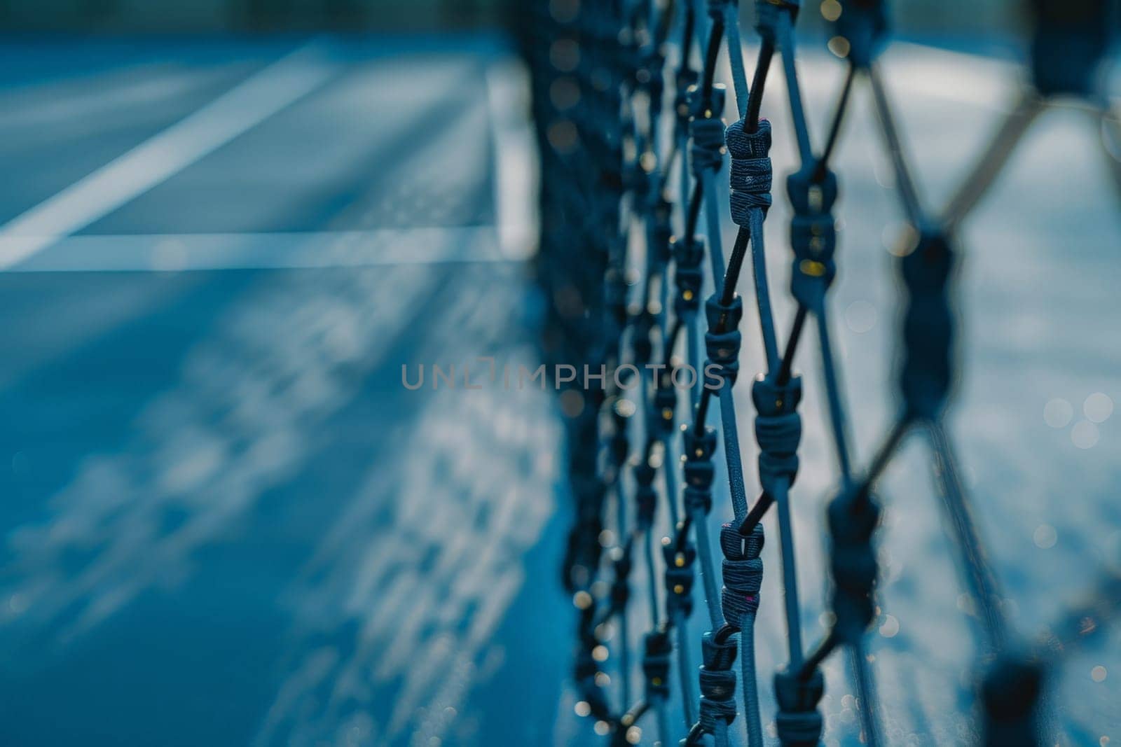A detailed close up of a tennis court with a net, showcasing the vibrant stripes on the court and the structure of the net.