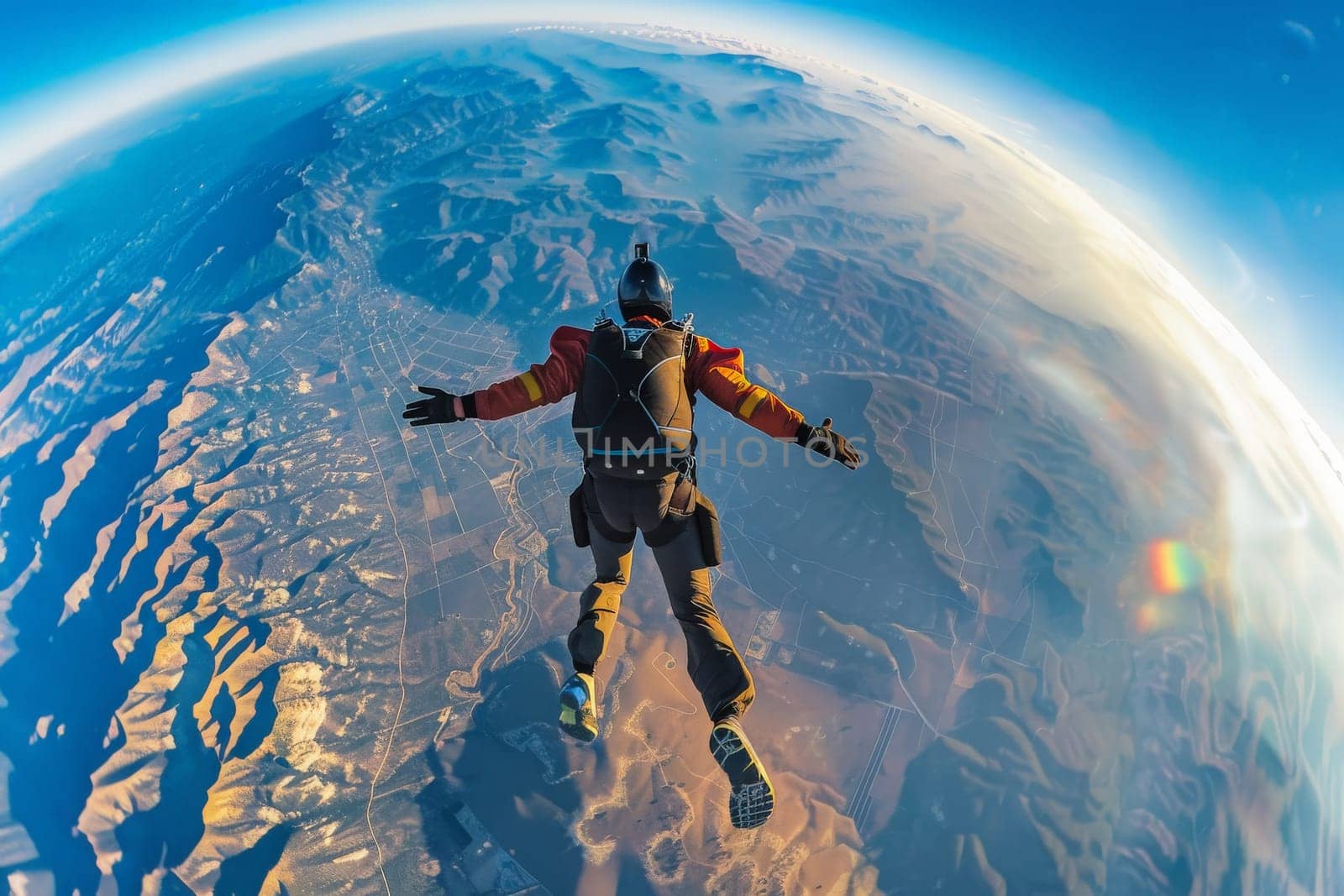 Skydiver in a freefall over a mountainous landscape with the early morning sun casting a warm glow.