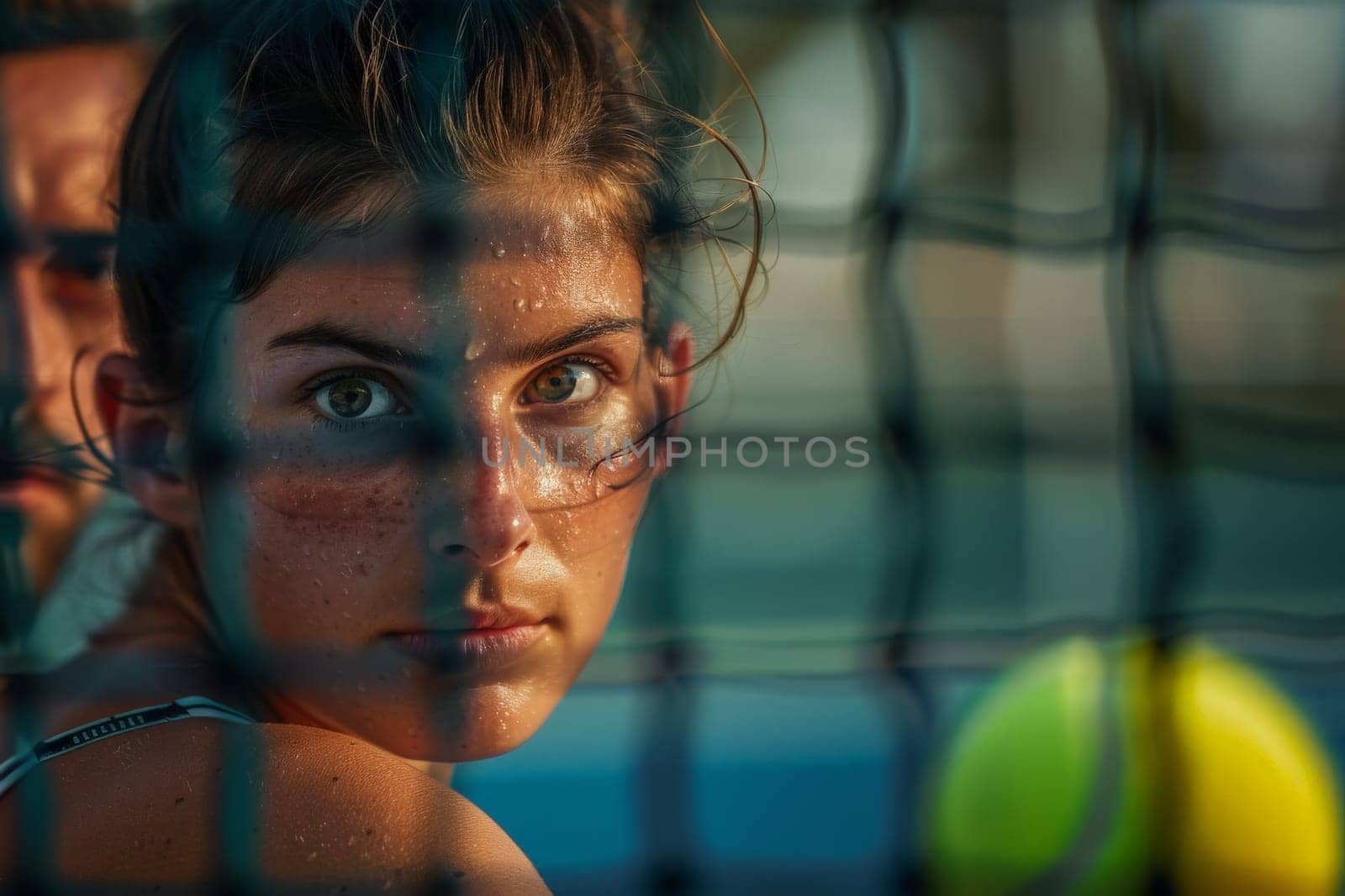 A young girl captivated by a tennis ball, peering through the openings of a fence with curiosity and wonder.