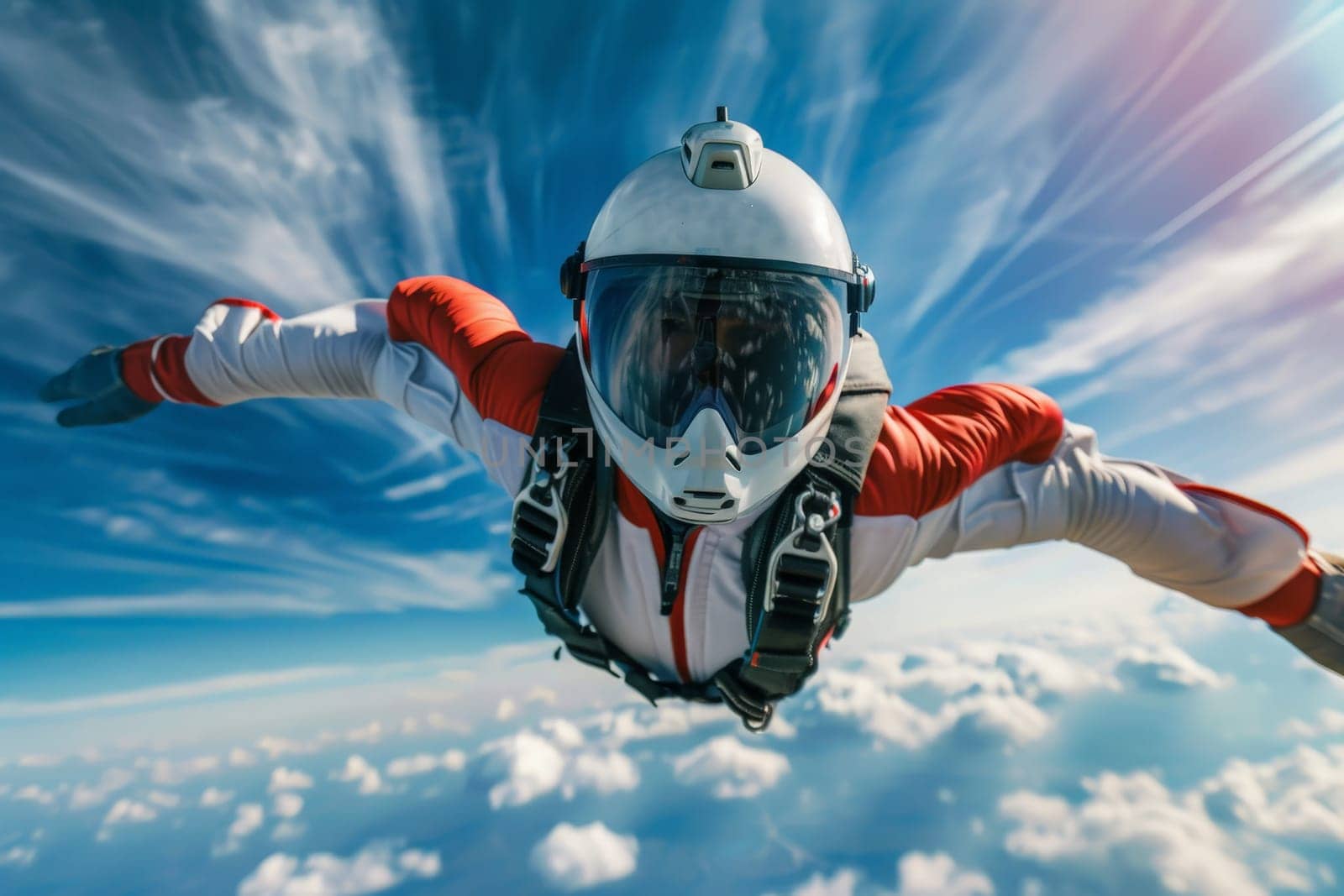 A man in a skydiver suit is gliding through the air with a wingsuit, capturing a sense of freedom and exhilaration in his descent.