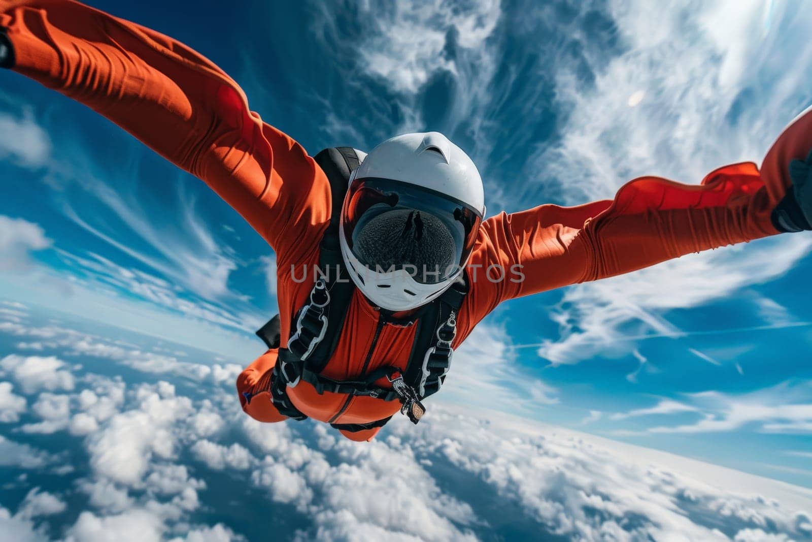 A wingsuit pilot in an orange jacket gracefully freefalls through the sky, capturing the exhilarating essence of skydiving.