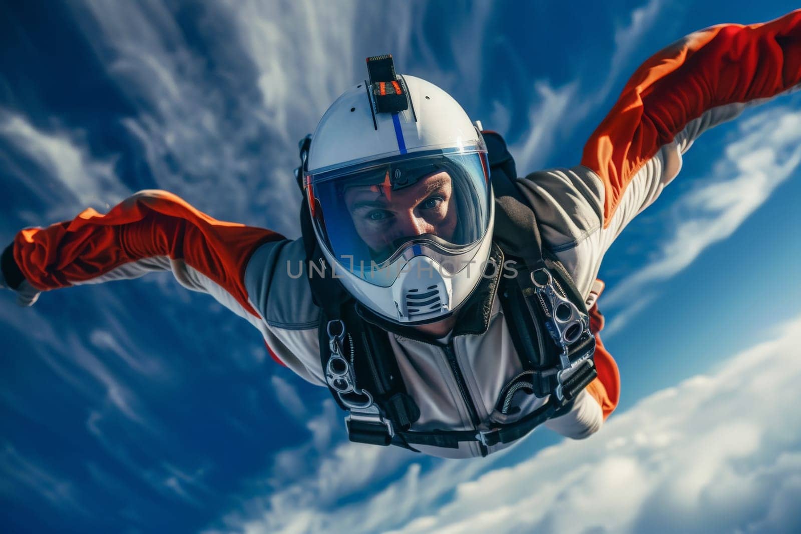 A man in a helmet and goggles is flying through the air in his wingsuit.