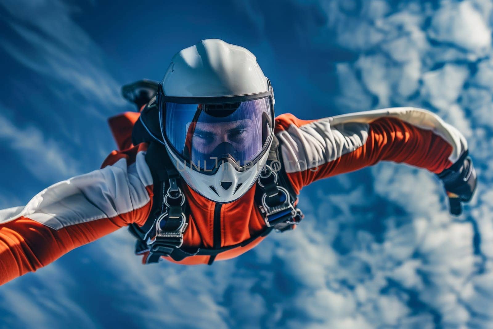 A man adorned in a bold orange and white suit skydives through the sky with grace and precision.