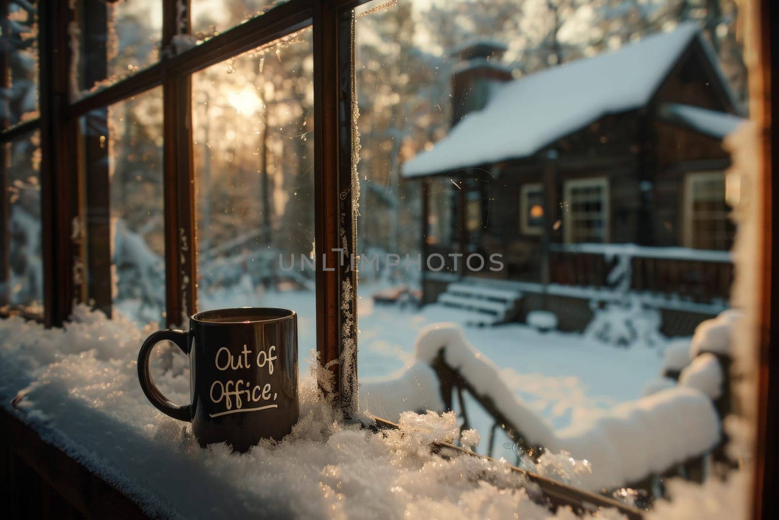 A steaming mug rests on a snowy windowsill with a rustic cabin bathed in sunlight.