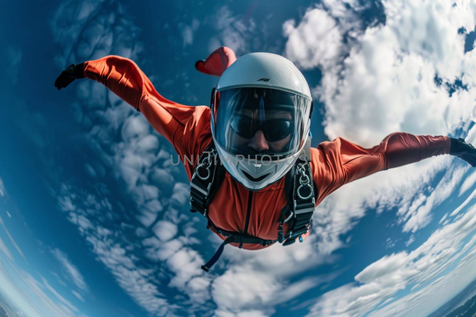 A man wearing an orange jacket is skydiving, soaring through the sky in a thrilling display of adrenaline-fueled courage and freedom.
