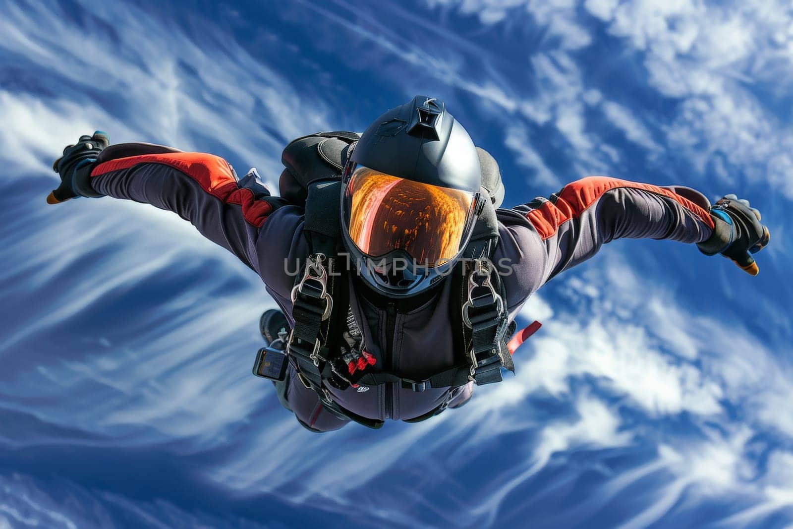 A man in a helmet and goggles is skydiving, wearing a wingsuit, captured in a dynamic close-up view.