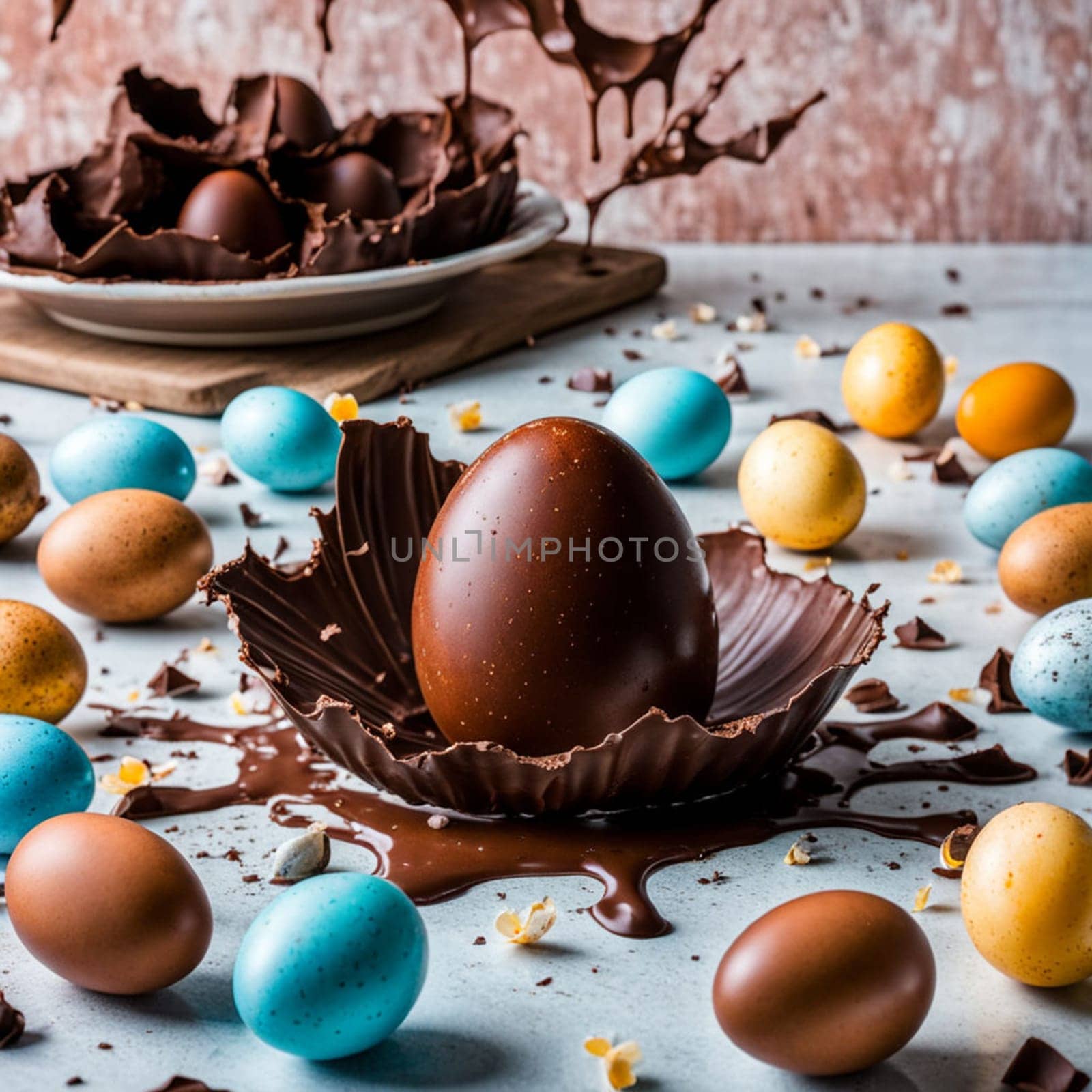 Chocolate egg exploding and melting on the table. Colored eggs in the background.
