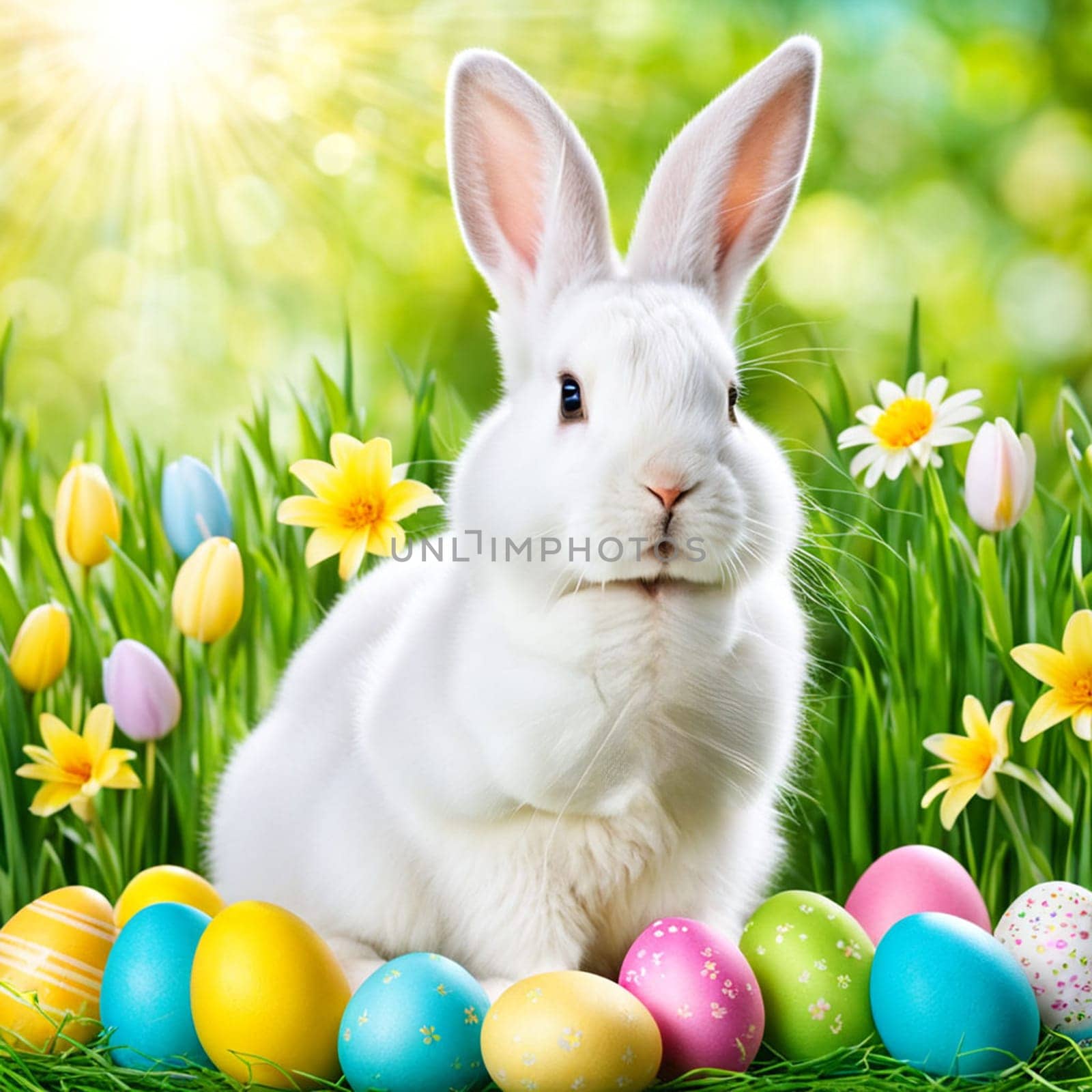 Cute Easter bunny with colorful eggs over spring nature background