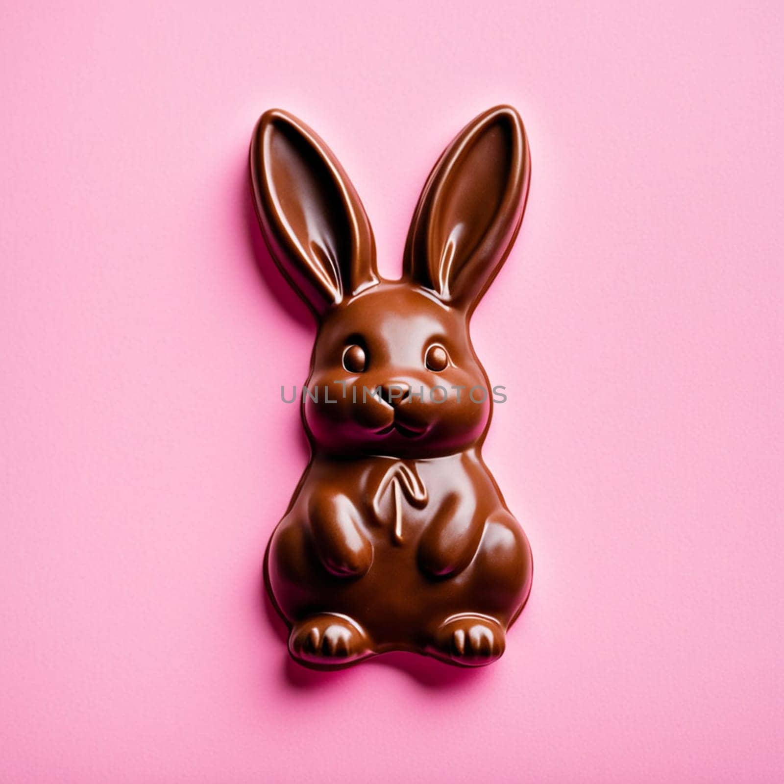 Melted chocolate Easter bunny on pastel pink background.