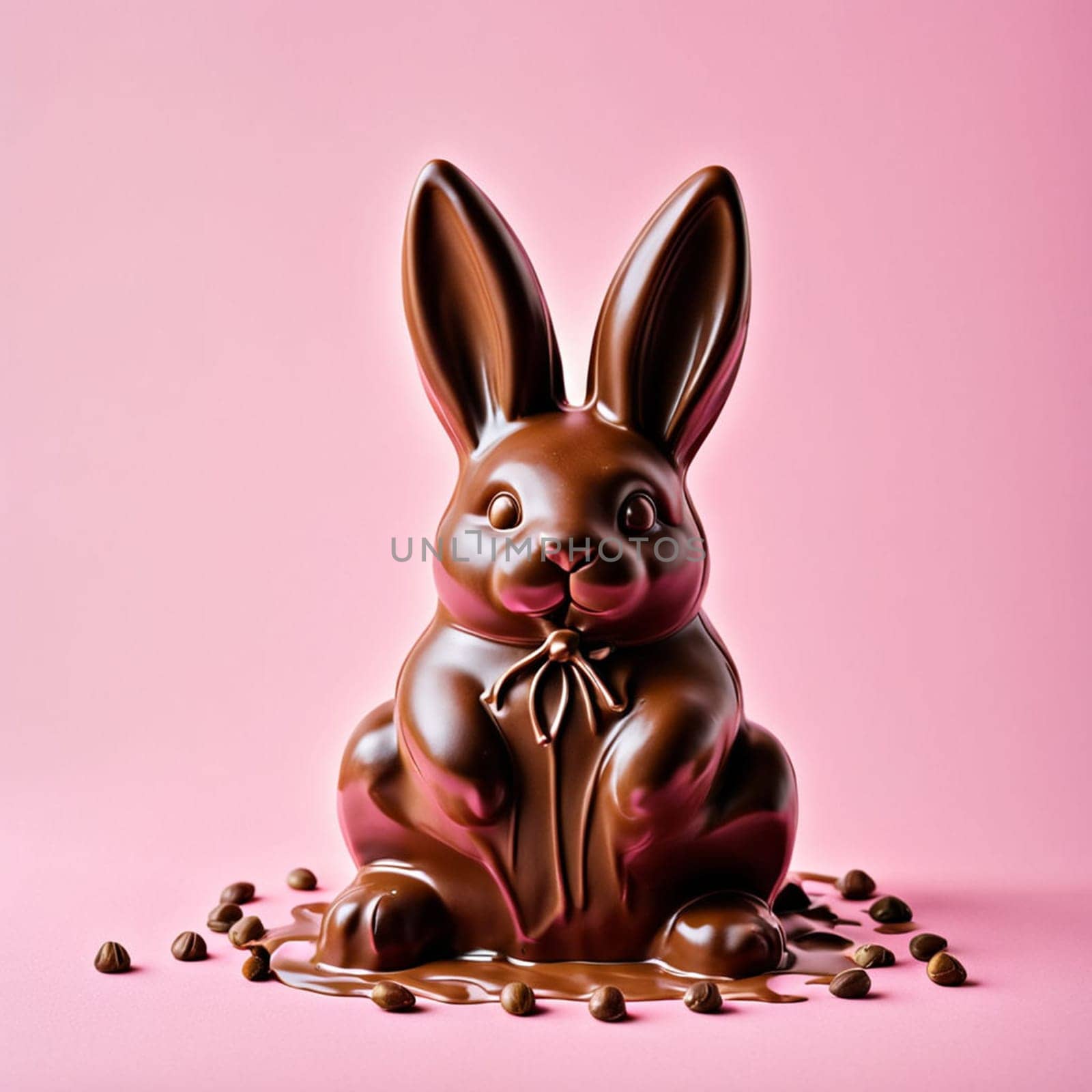 Melted chocolate Easter bunny on pastel pink background.