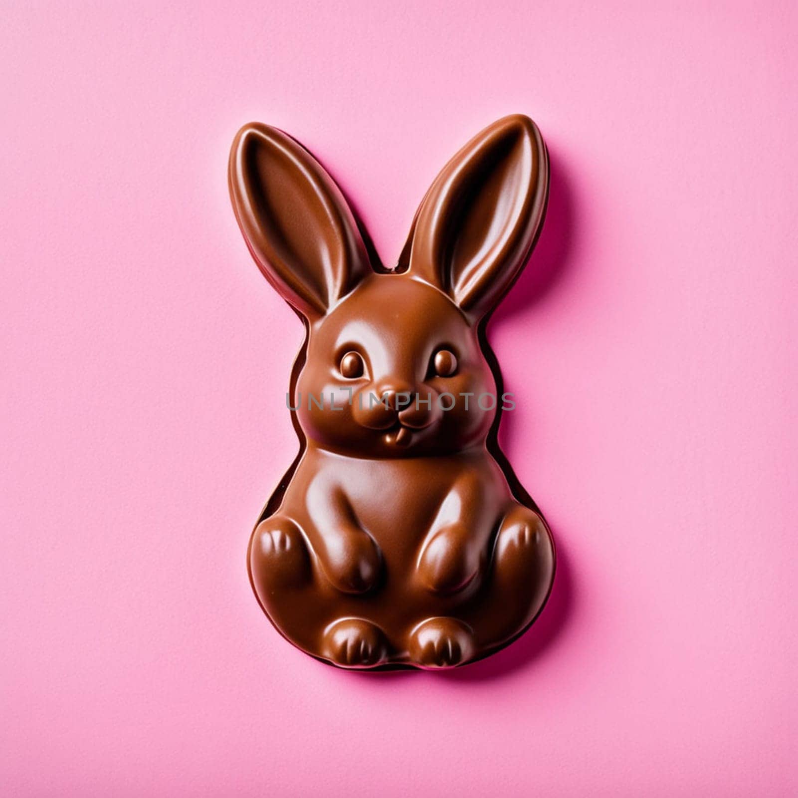 Melted chocolate Easter bunny on pastel pink background.