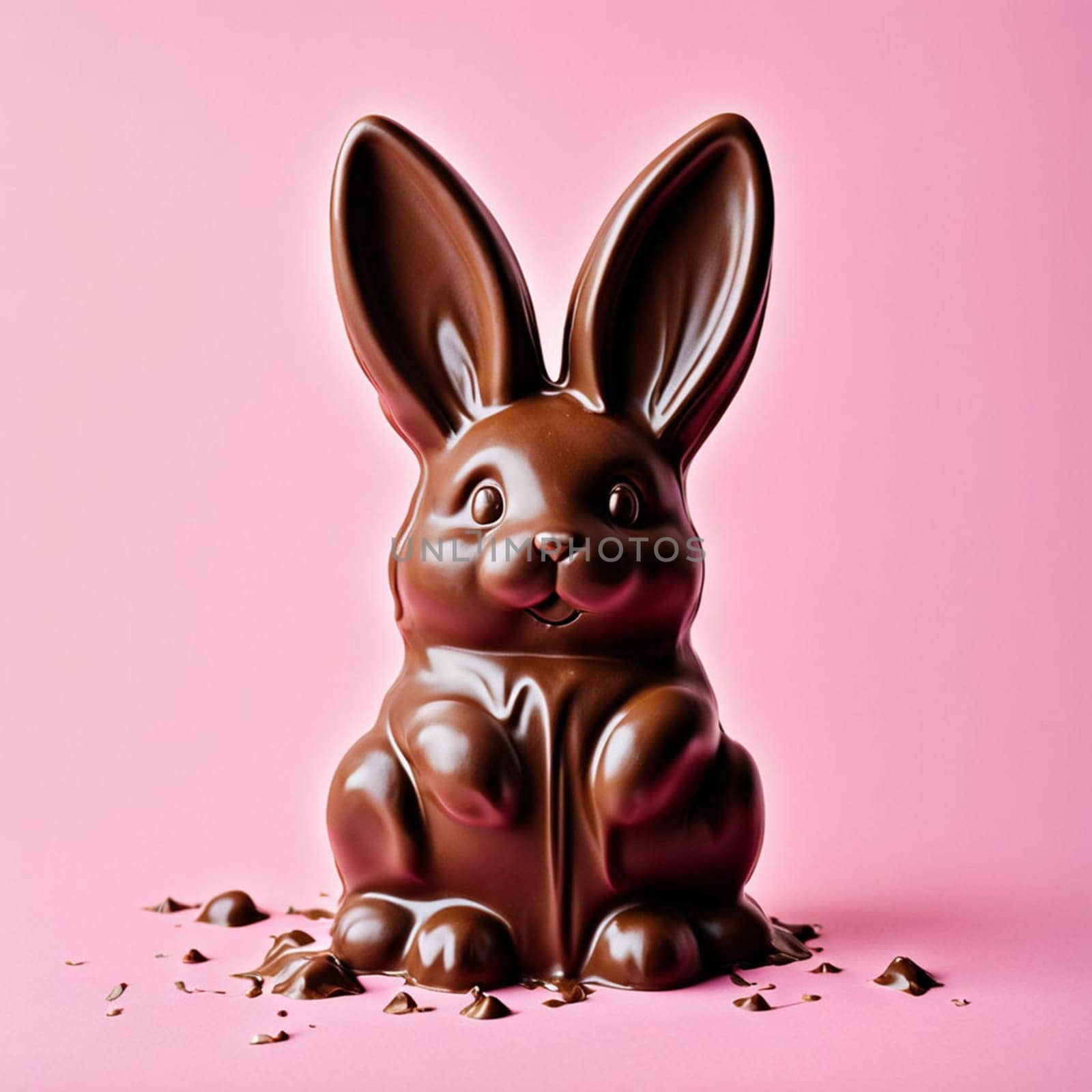 Melted chocolate Easter bunny on pastel pink background.