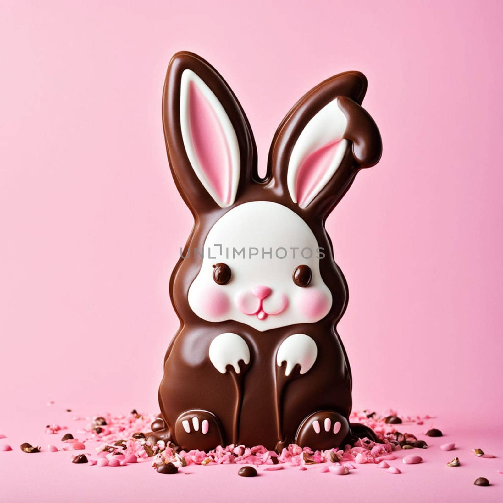 Melted chocolate Easter bunny on pastel pink background.