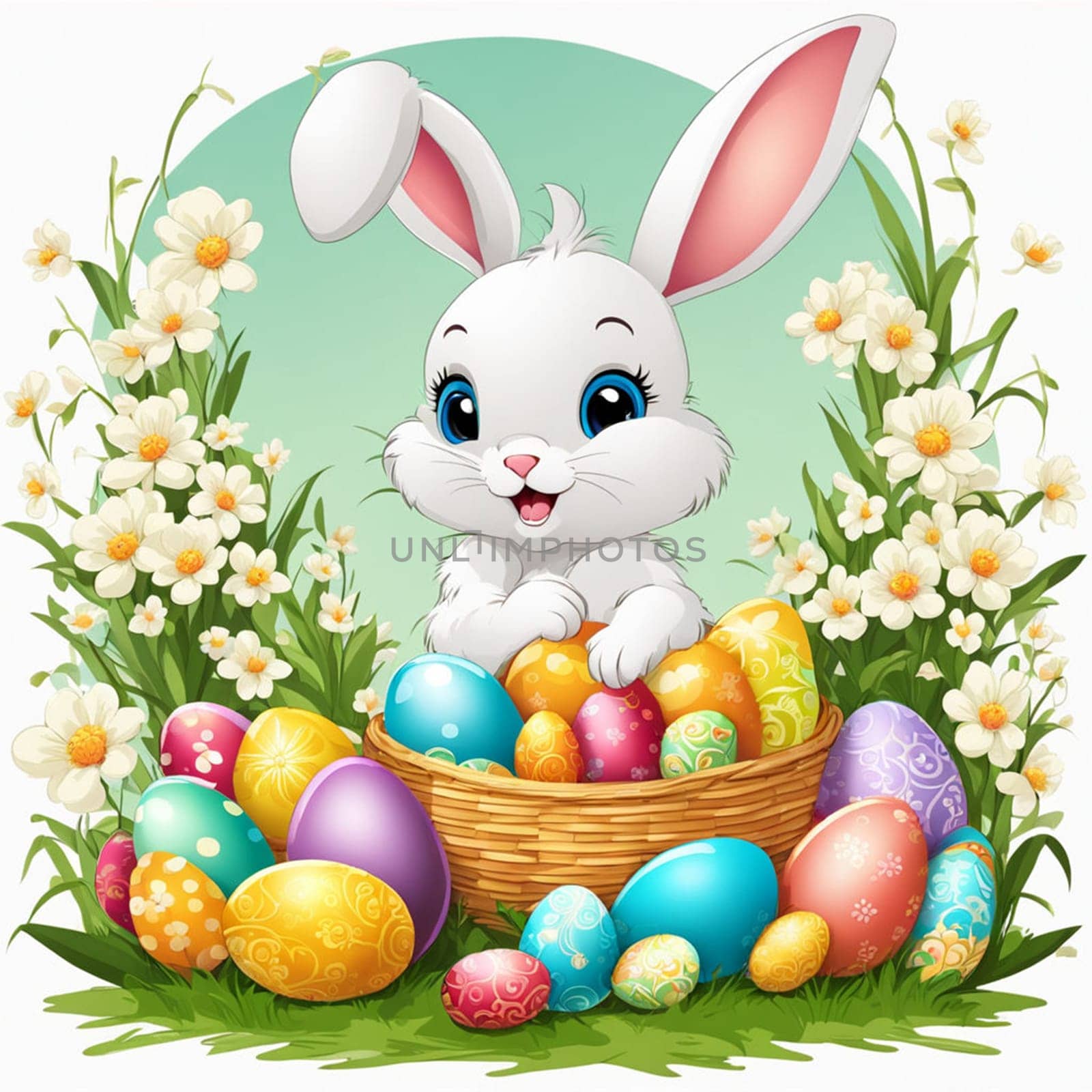 Cute Easter bunny with colorful eggs