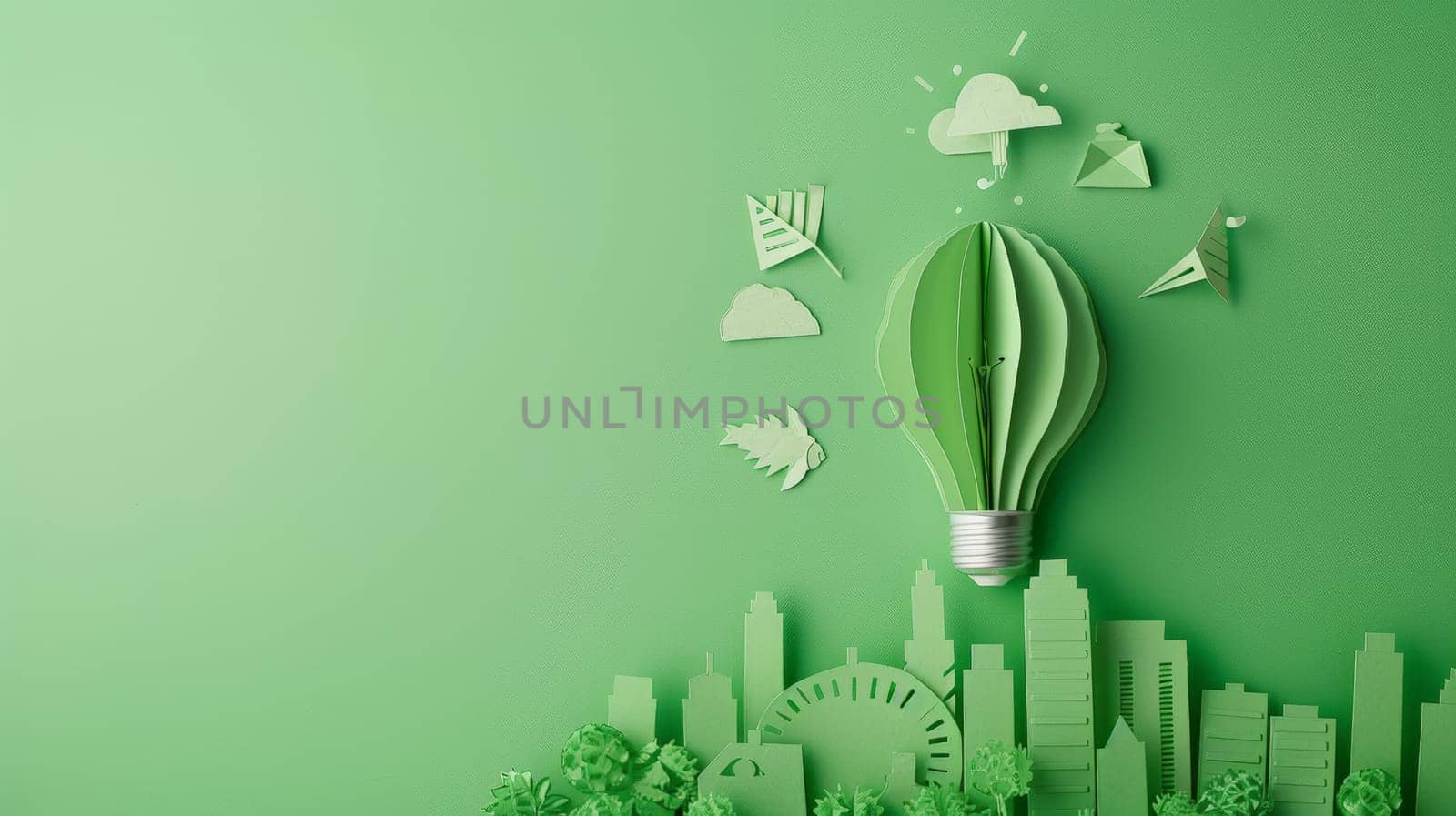 Explore a creative concept of sustainable urban development with a light bulb paper symbolizing eco-friendly ideas for energy conservation and a green city vision in the year 2050.