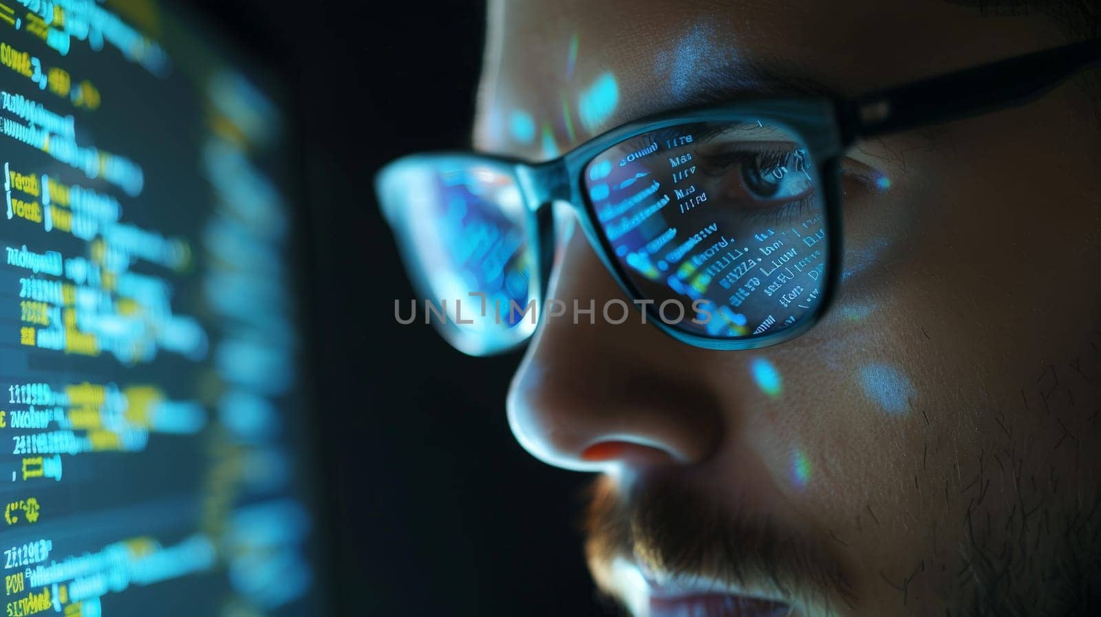 Experience the focused intensity as a male developer, donning glasses, delves into coding software, meticulously searching for errors and deciphering intricate symbols reflected on the right side of the glasses.