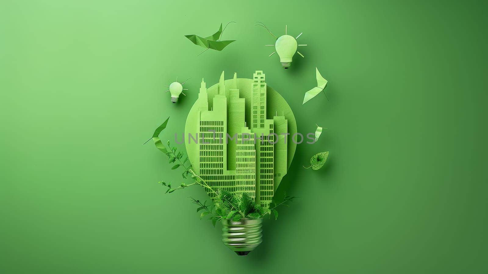 Explore a creative concept of sustainable urban development with a light bulb paper symbolizing eco-friendly ideas for energy conservation and a green city vision in the year 2050.