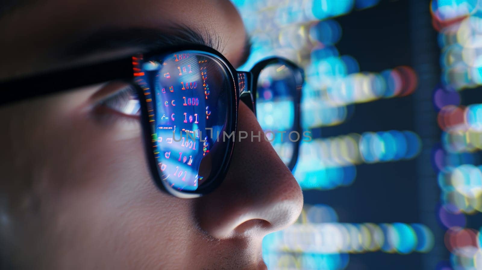 Experience the focused intensity as a male developer, donning glasses, delves into coding software, meticulously searching for errors and deciphering intricate symbols reflected on the right side of the glasses.