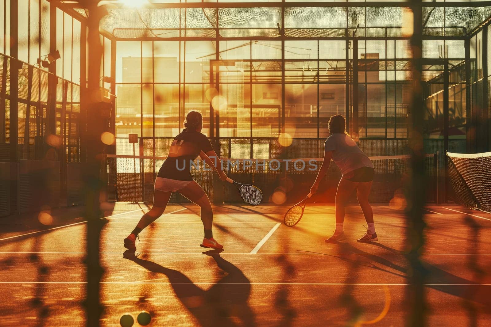 A male and female duo engage in a intense game of padel, showcasing skill, agility, and teamwork on the court.