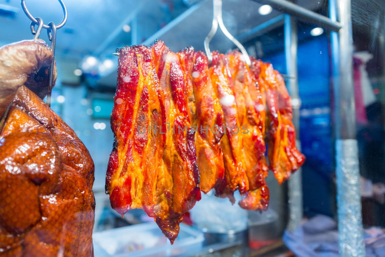 Chinese restaurant traditional roast pork belly in the kitchen