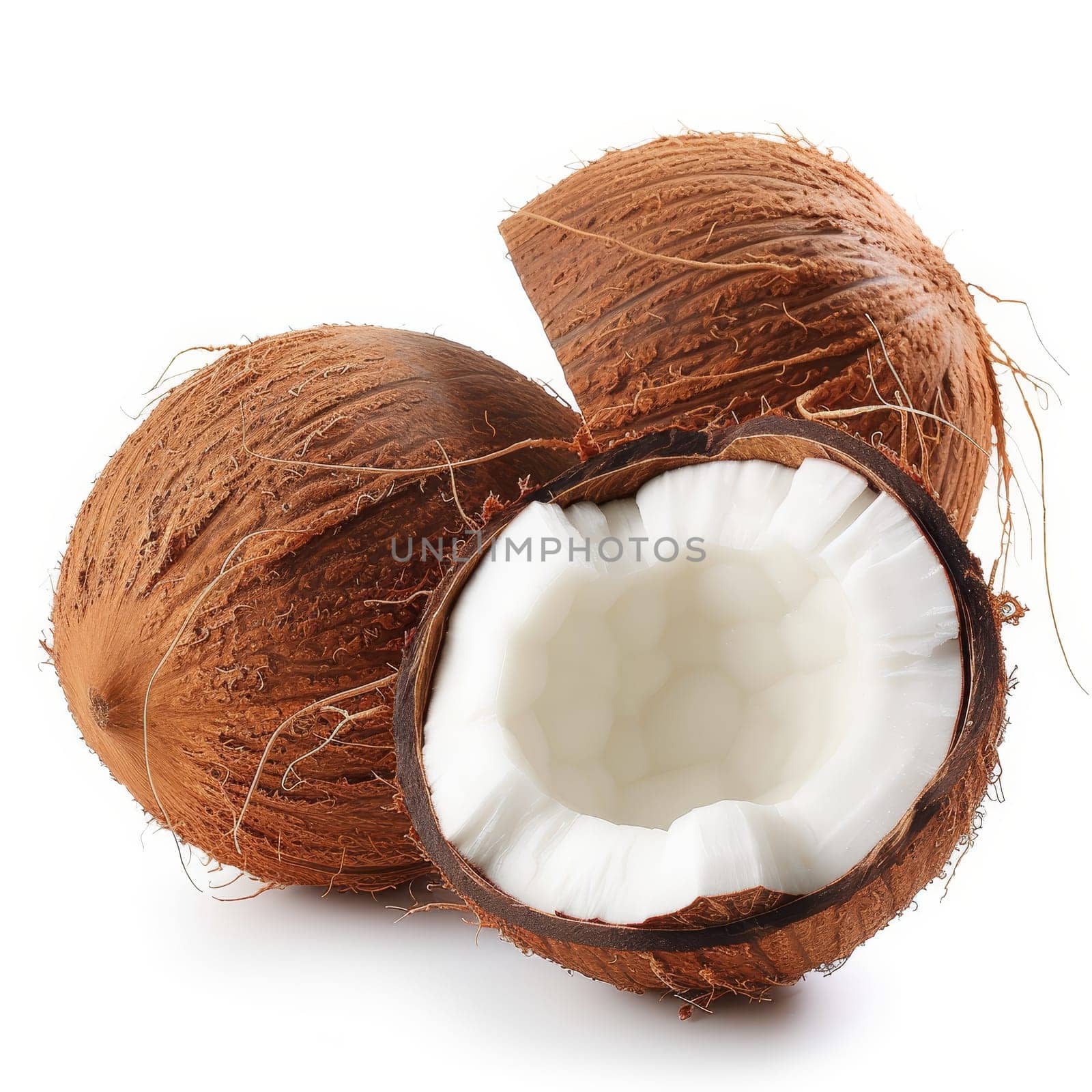 Two split coconuts stacked on top of each other, showcasing their unique shape and texture - isolated raw food