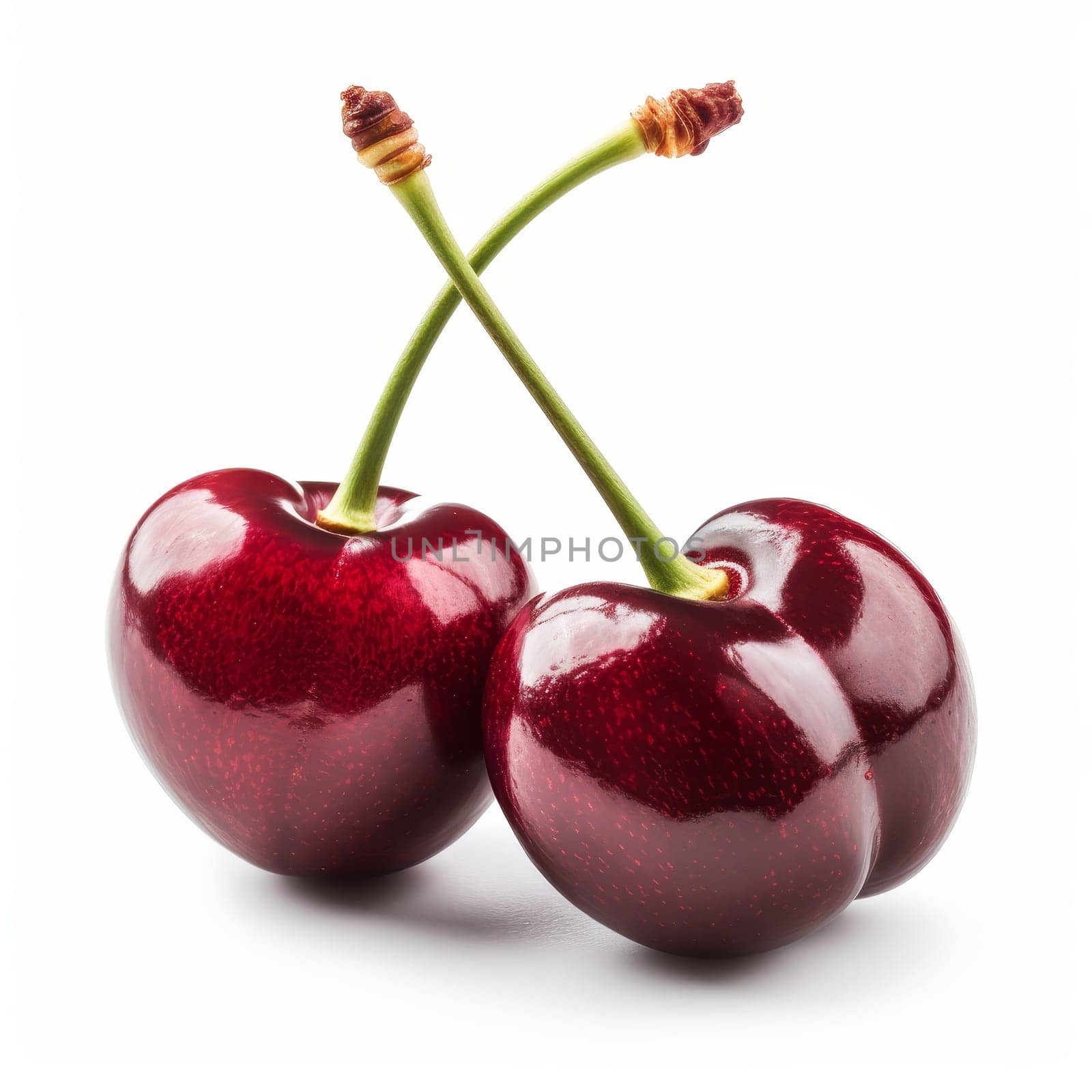 Close-up of three glossy red cherries with green stems, isolated on a white background